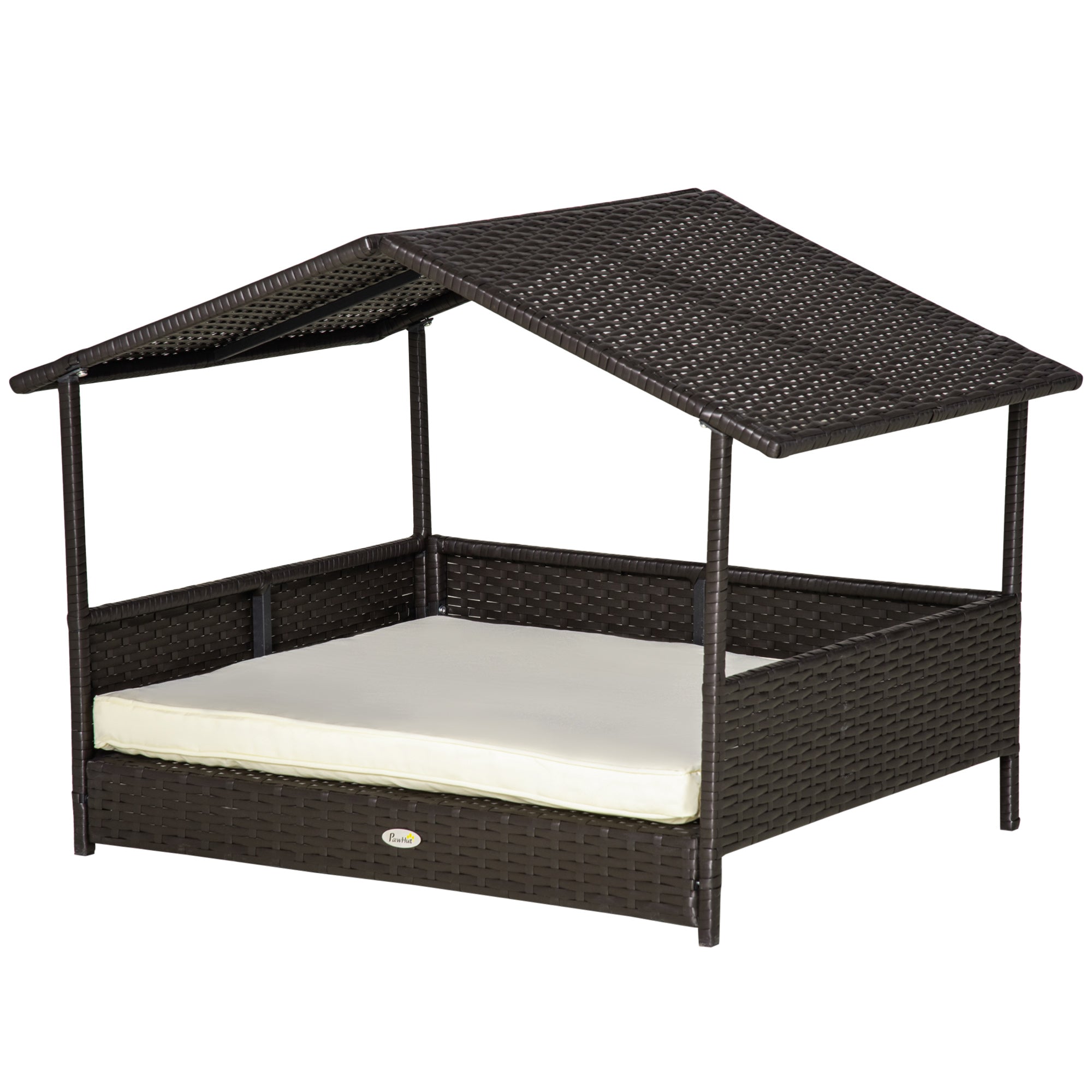 PawHut Wicker Dog House Outdoor with Canopy, Rattan Dog Bed with Water-resistant Cushion, Raised Dog Bed for Small, Medium Dogs up to 66 lbs, 19.75" in Length, Brown Wicker, White Cushion