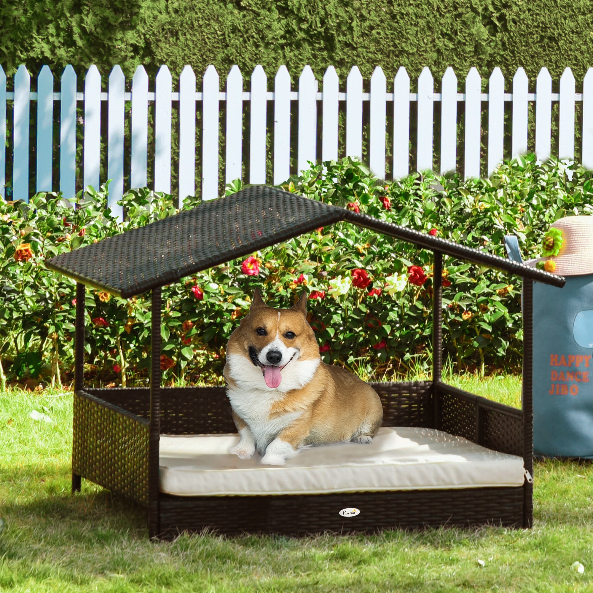 Elevated Rattan Dog House Outdoor with Canopy, Wicker Dog Bed with Water-Resistant Cushion, for Small and Medium Dogs Cream White
