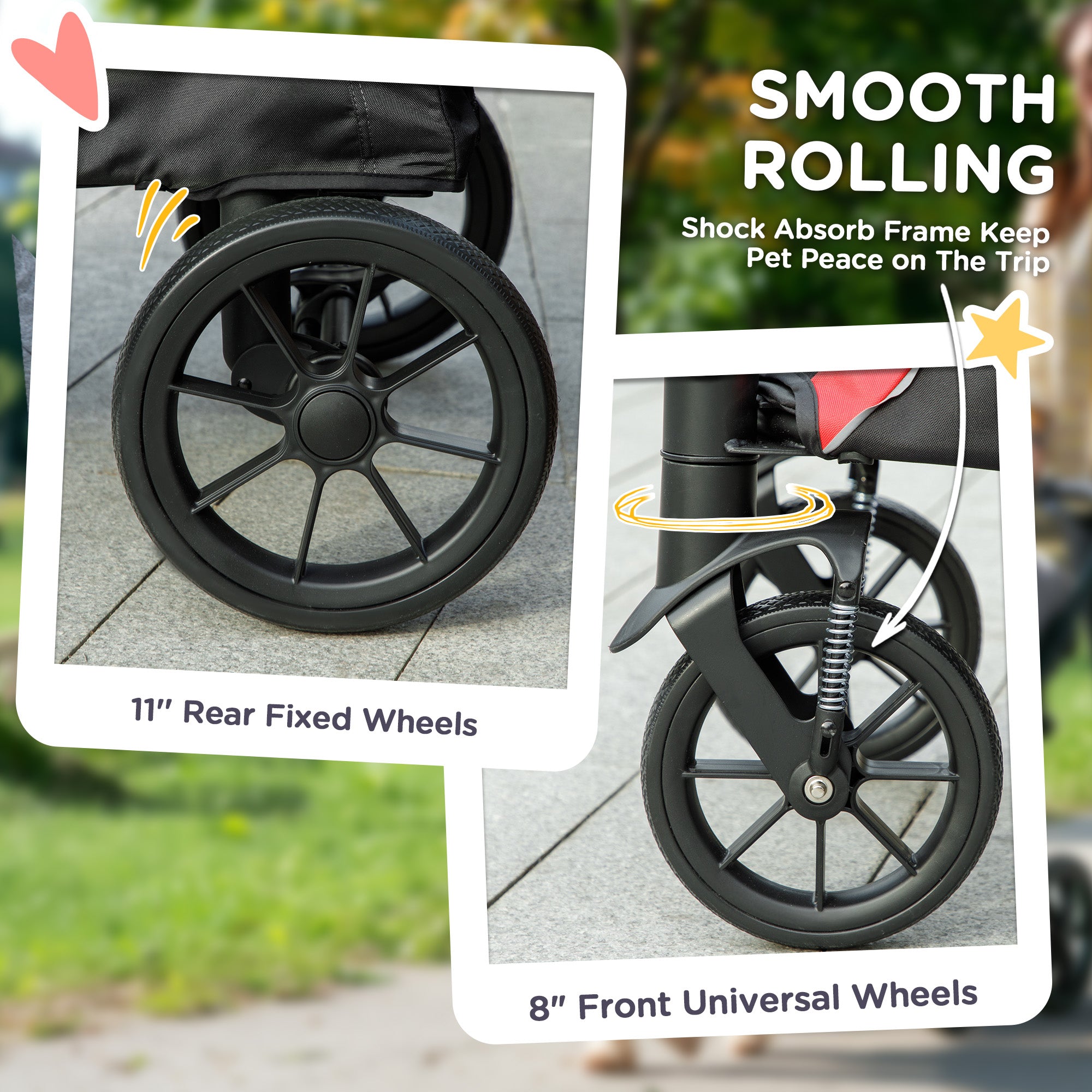 Pet Stroller for Small Medium Large Dogs and Cats, Foldable Dog Stroller with 4 Wheels, Shock-Absorbing Frame, Safety Leashes, Brakes, for Pets up to 66 lbs, Black