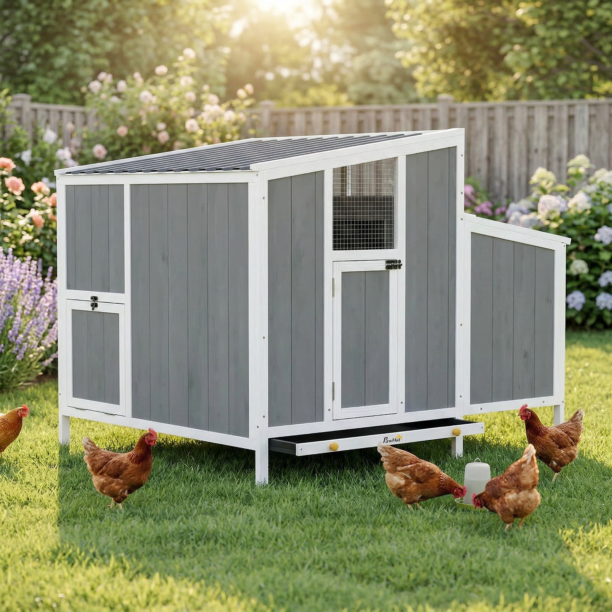 Chicken Coop, Wooden Chicken House for 4-6 Hens, Outdoor Hen House with Nesting Box, Pull-Out Tray and Weatherproof Roof, Poultry Hutch for Backyard, 48" x 39" x 40", Gray