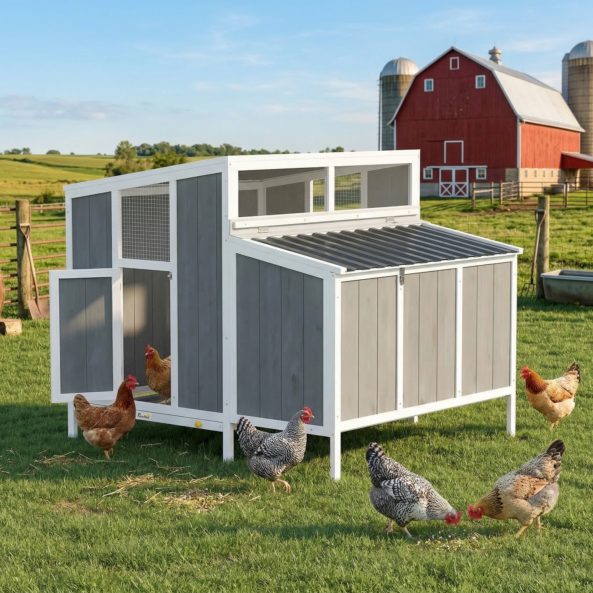 Chicken Coop, Wooden Chicken House for 4-6 Hens, Outdoor Hen House with Nesting Box, Pull-Out Tray and Weatherproof Roof, Poultry Hutch for Backyard, 48" x 39" x 40", Gray