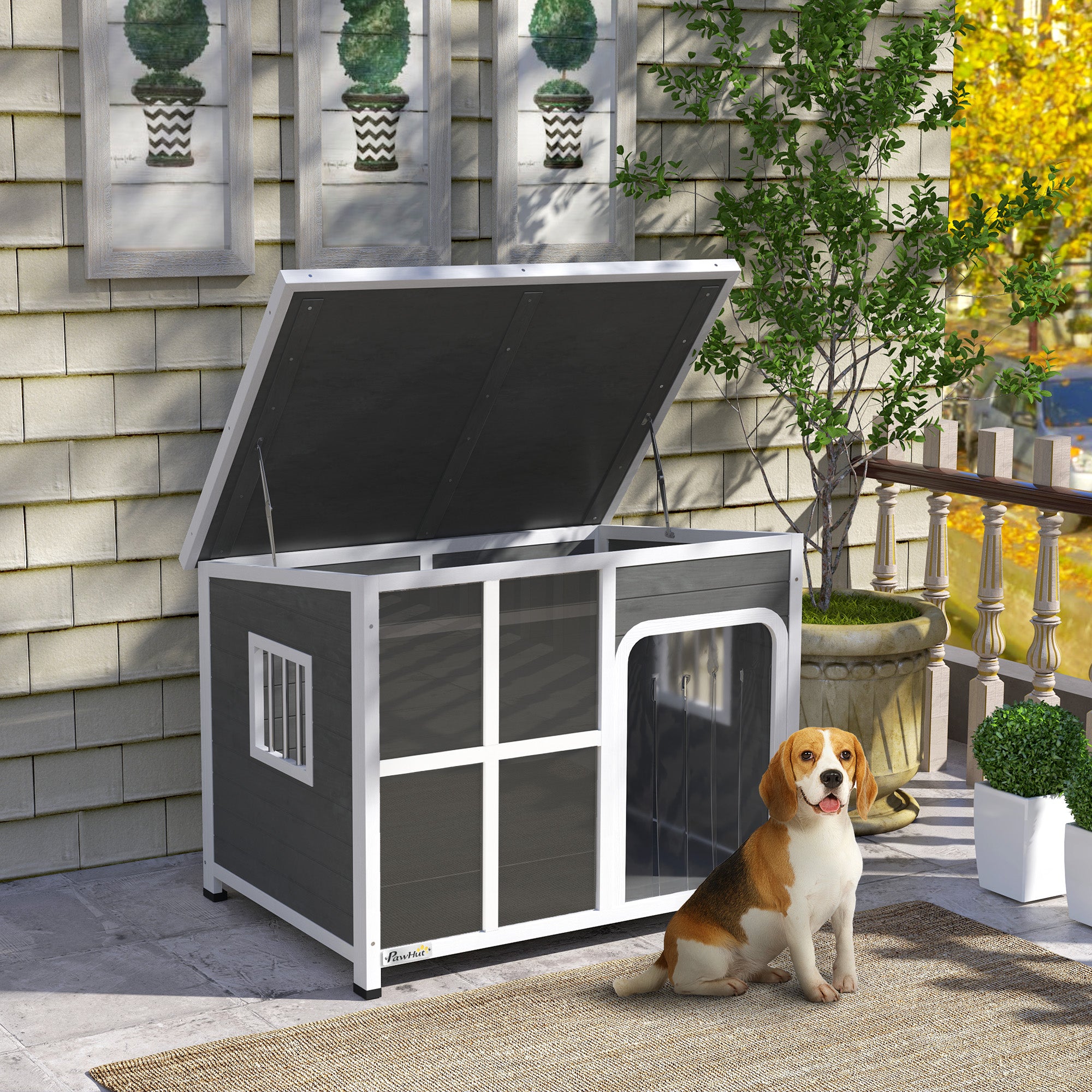 Outdoor Dog Kennel, Wooden Dog House with Asphalt Openable Top, Removable Floor, Clear Front Panel, Curtain, Windows, Dog Shelter for Small, Medium, Large Dogs, 103 x 77 x 83cm, Light Grey