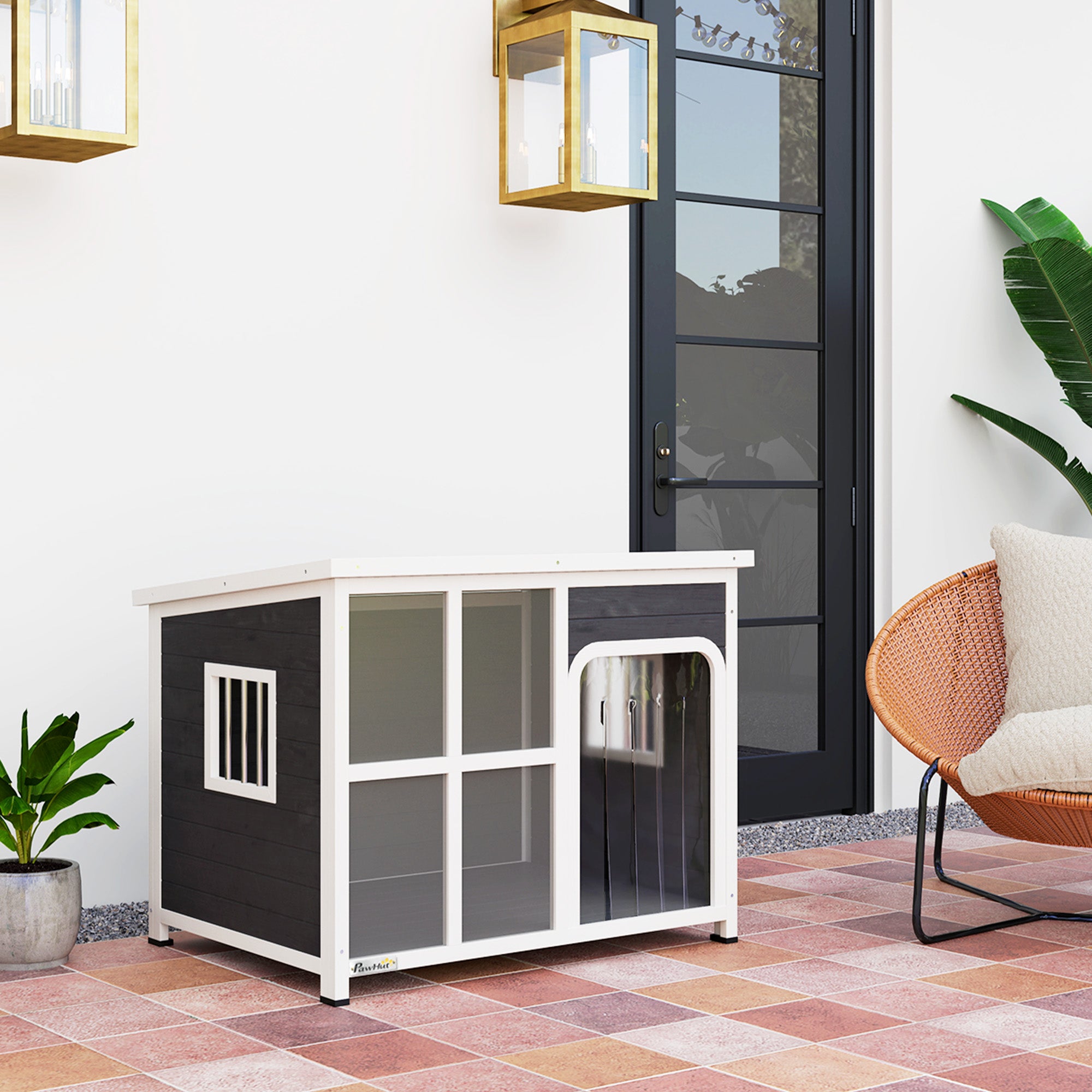 Outdoor Dog Kennel, Wooden Dog House with Asphalt Openable Top, Removable Floor, Clear Front Panel, Curtain, Windows, Dog Shelter for Small, Medium, Large Dogs, 103 x 77 x 83cm, Light Grey