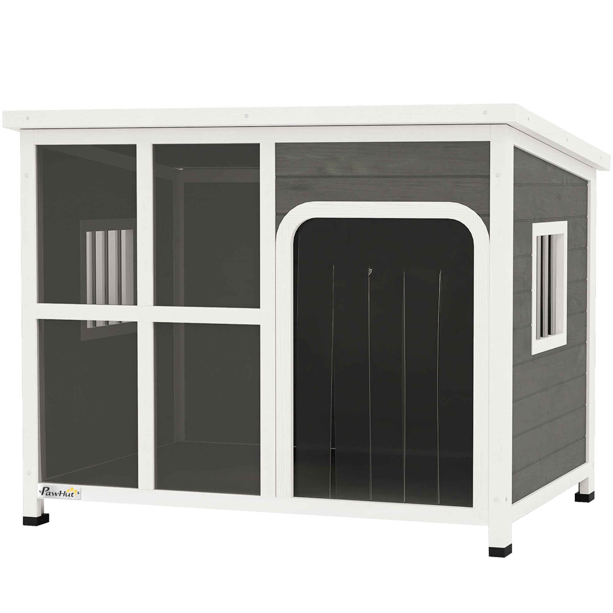 Outdoor Dog Kennel, Wooden Dog House with Asphalt Openable Top, Removable Floor, Clear Front Panel, Curtain, Windows, Dog Shelter for Small, Medium, Large Dogs, 103 x 77 x 83cm, Light Grey