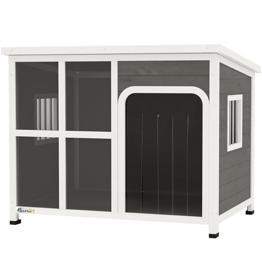 Outdoor Dog Kennel, Wooden Dog House with Asphalt Openable Top, Removable Floor, Clear Front Panel, Curtain, Windows, Dog Shelter for Small, Medium, Large Dogs, 103 x 77 x 83cm, Light Grey