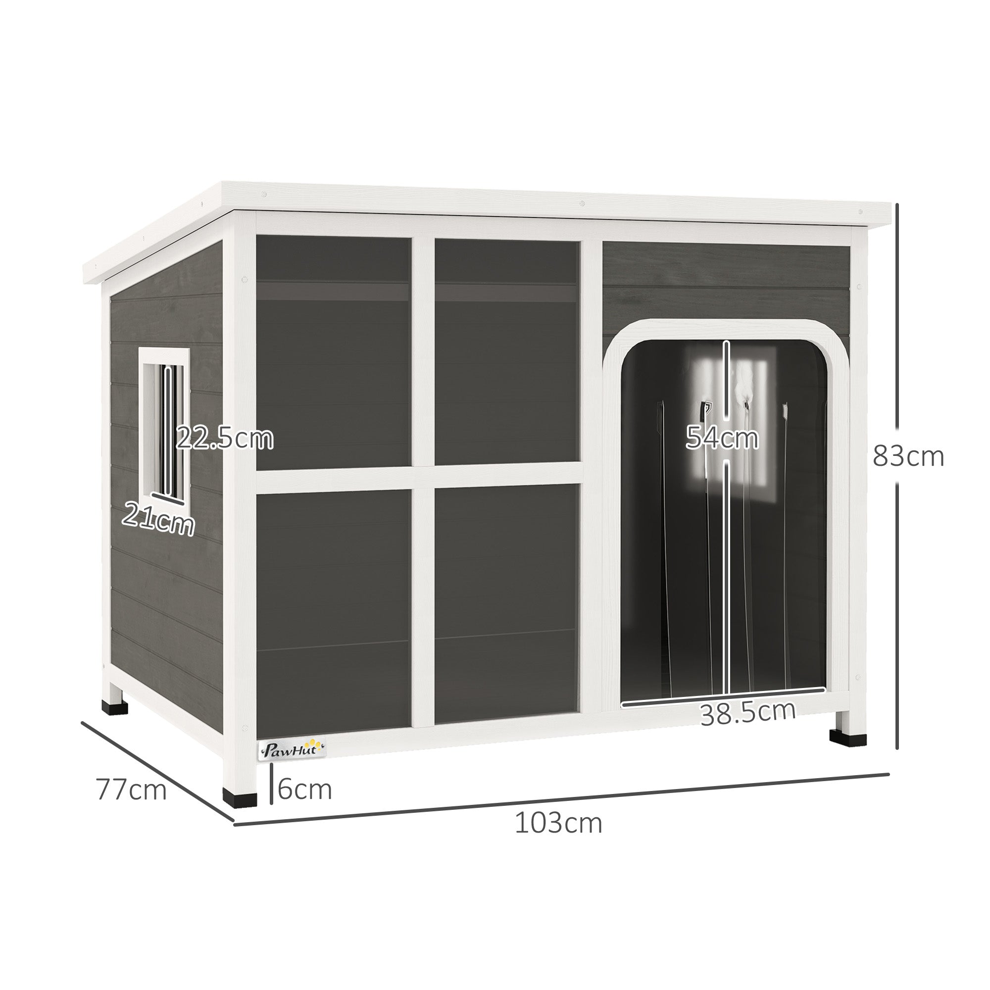 Outdoor Dog Kennel, Wooden Dog House with Asphalt Openable Top, Removable Floor, Clear Front Panel, Curtain, Windows, Dog Shelter for Small, Medium, Large Dogs, 103 x 77 x 83cm, Light Grey
