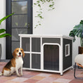 Load image into Gallery viewer, Outdoor Dog Kennel, Wooden Dog House with Asphalt Openable Top, Removable Floor, Clear Front Panel, Curtain, Windows, Dog Shelter for Small, Medium, Large Dogs, 103 x 77 x 83cm, Light Grey
