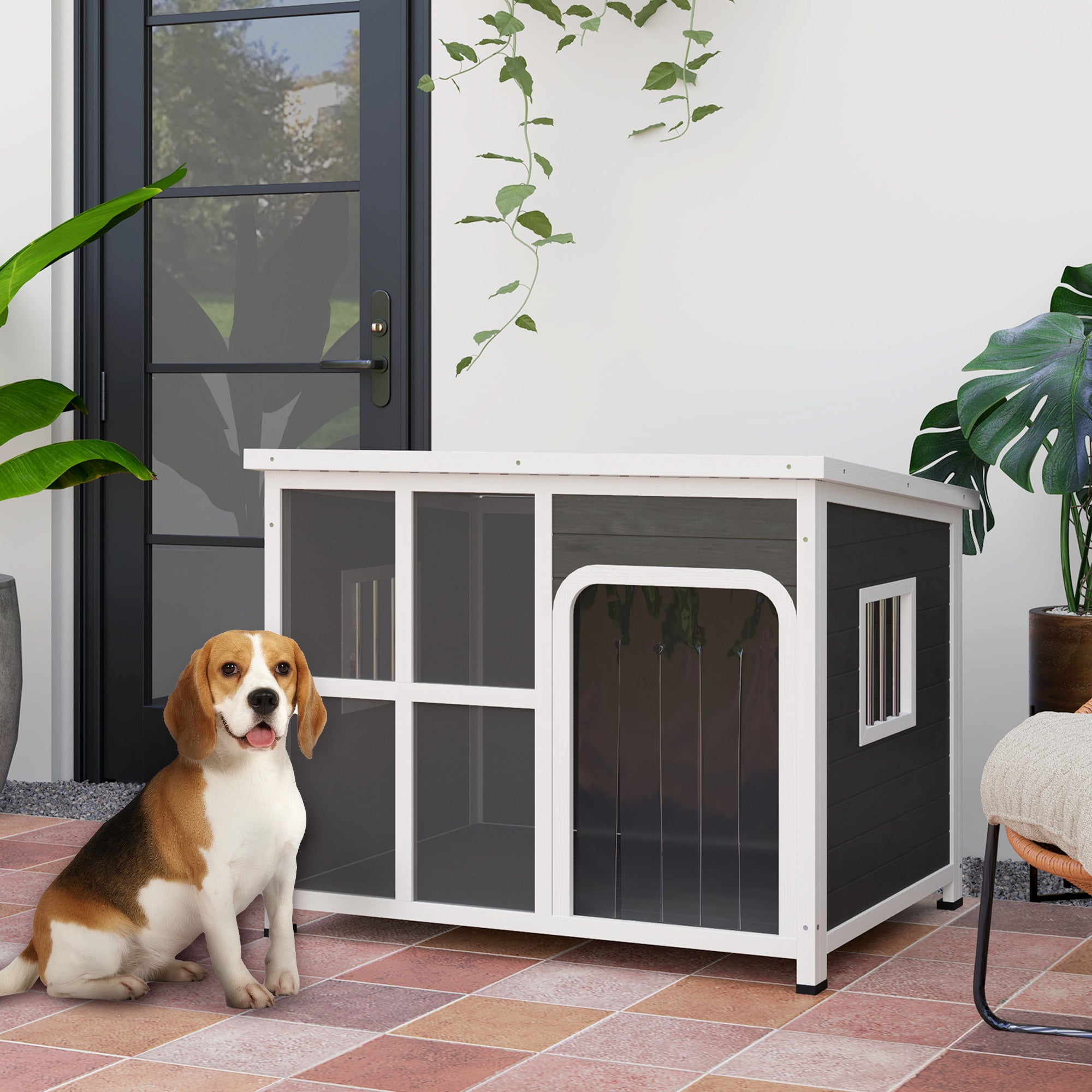 Outdoor Dog Kennel, Wooden Dog House with Asphalt Openable Top, Removable Floor, Clear Front Panel, Curtain, Windows, Dog Shelter for Small, Medium, Large Dogs, 103 x 77 x 83cm, Light Grey
