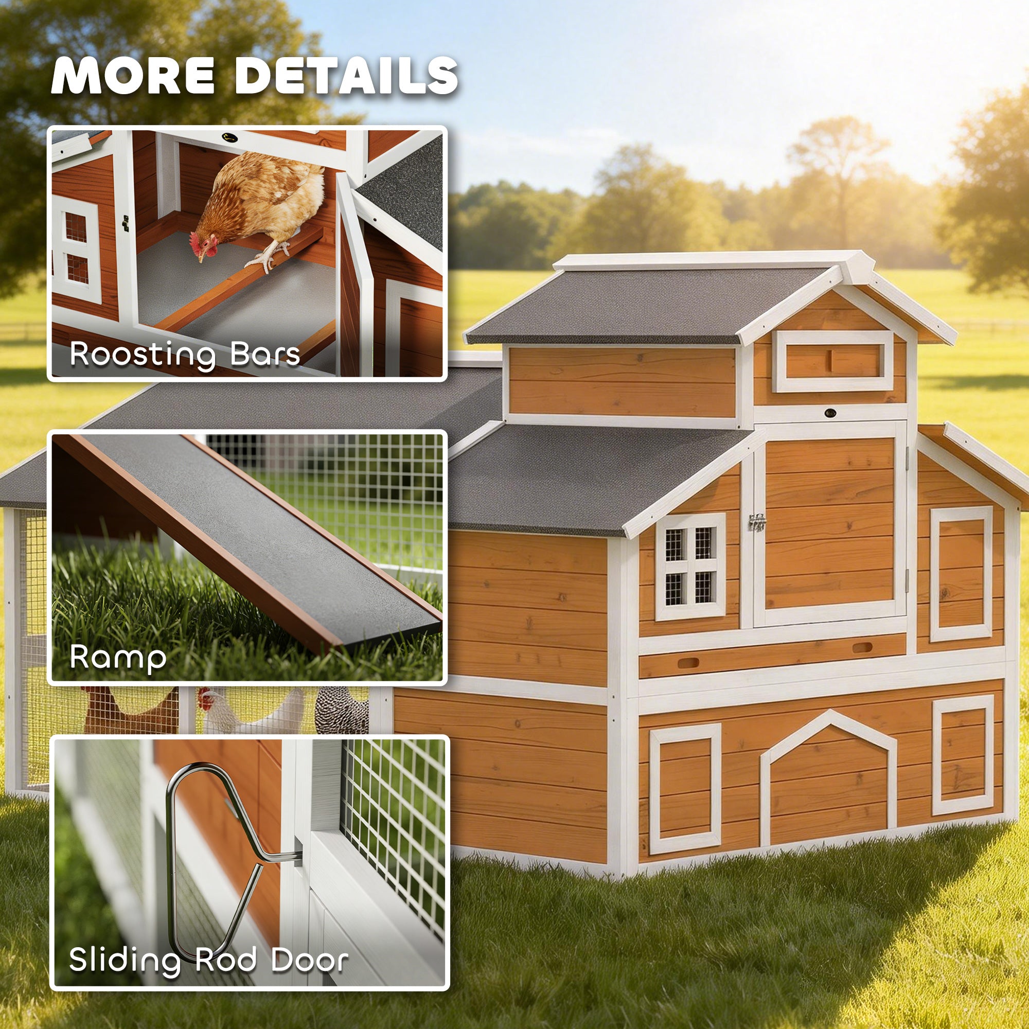 79"L Chicken Coop for 6 Chickens, Outdoor Wooden Hen House Poultry Cage with Run, 2 Nesting Boxes, Slide-Out Tray, Waterproof Asphalt Roof, Sliding Rod Door and Roosting Bar, Orange