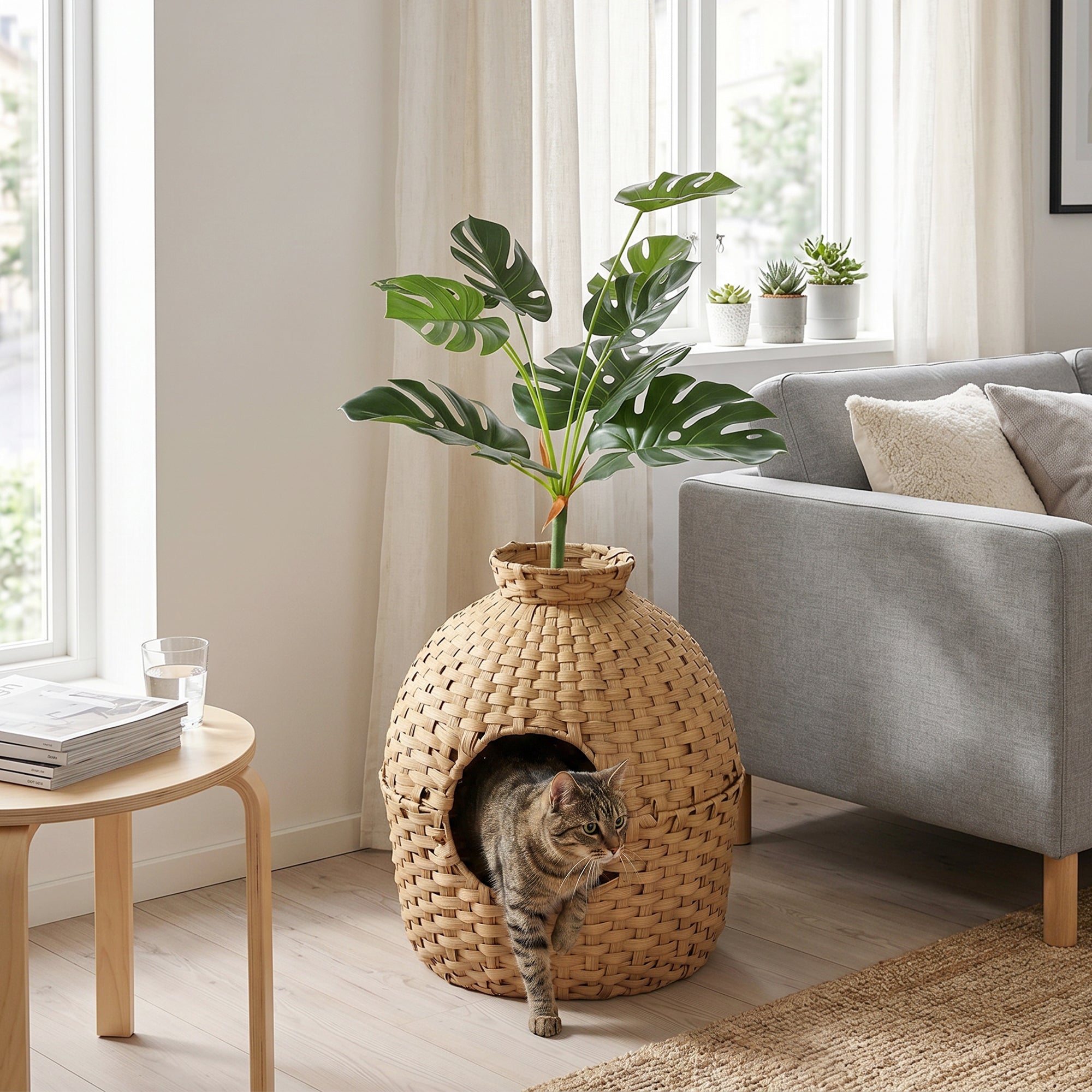 Hidden Cat Litter Box Plant Furniture Enclosure with Faux Plant & Stainless Steel Tray, Decorative Rattan Planter Cat Bed,  Odor Control Filter & Real Stones, for Bedroom, Living Room, Corner