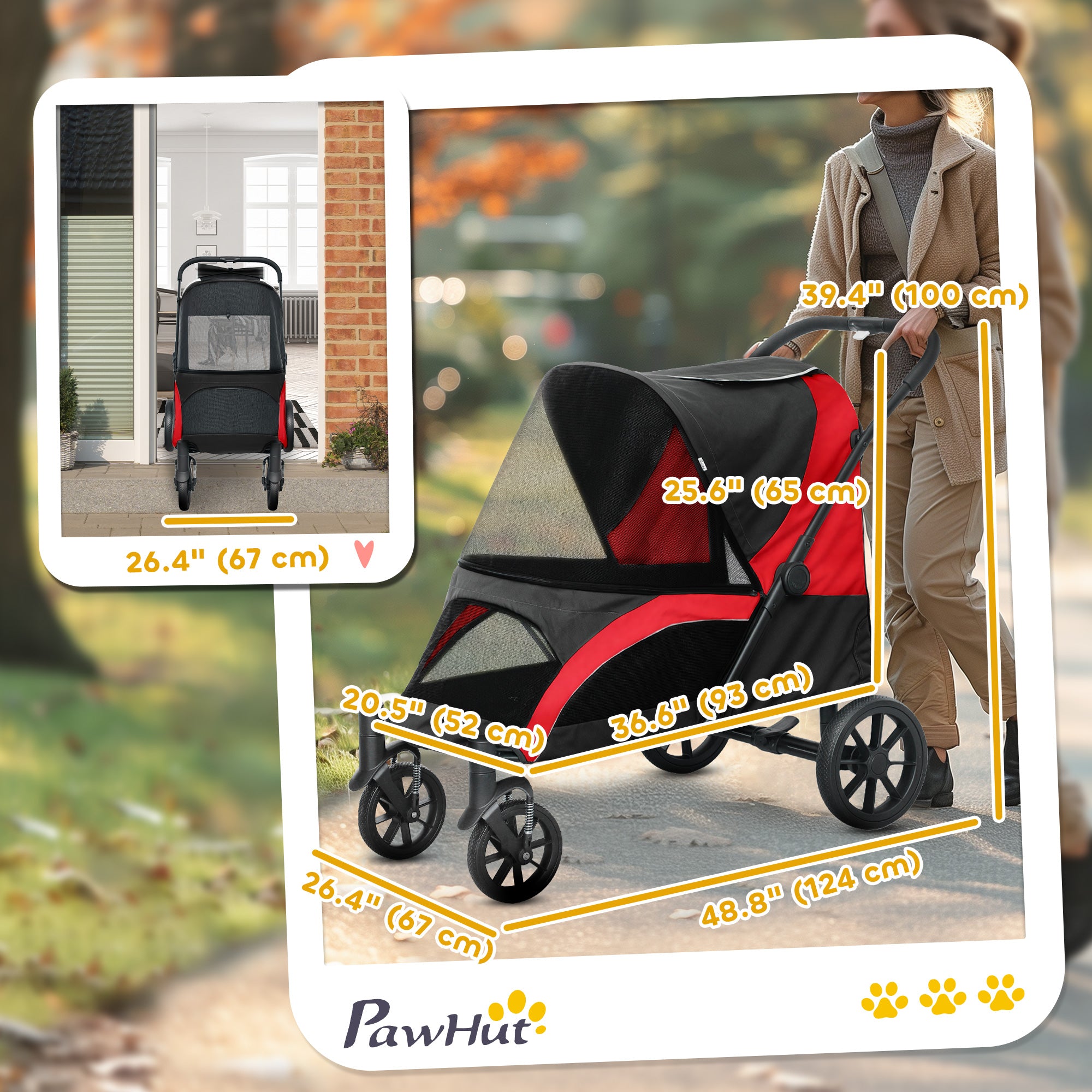 Pet Stroller for Small Medium Large Dogs and Cats, Foldable Dog Stroller with 4 Wheels, Shock-Absorbing Frame, Safety Leashes, Brakes, for Pets up to 66 lbs, Black