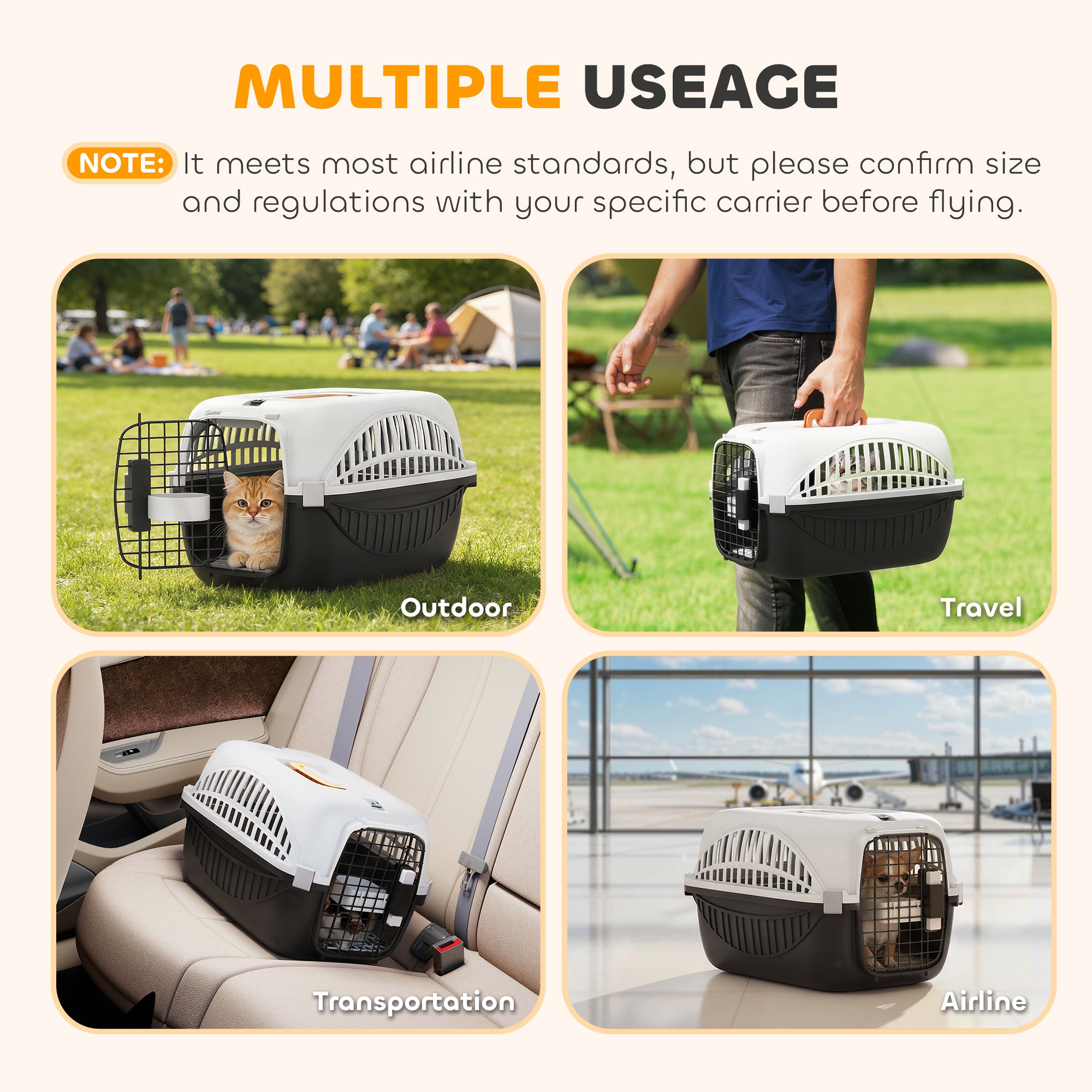 Plastic Dog and Cat Kennel Hard Sided, Airline Approved Pet Carrier for Mini Dogs and Cats, Portable Crate w/ Steel Wire Door, Water Bowl, for Car, Airplane, Outdoor, Black