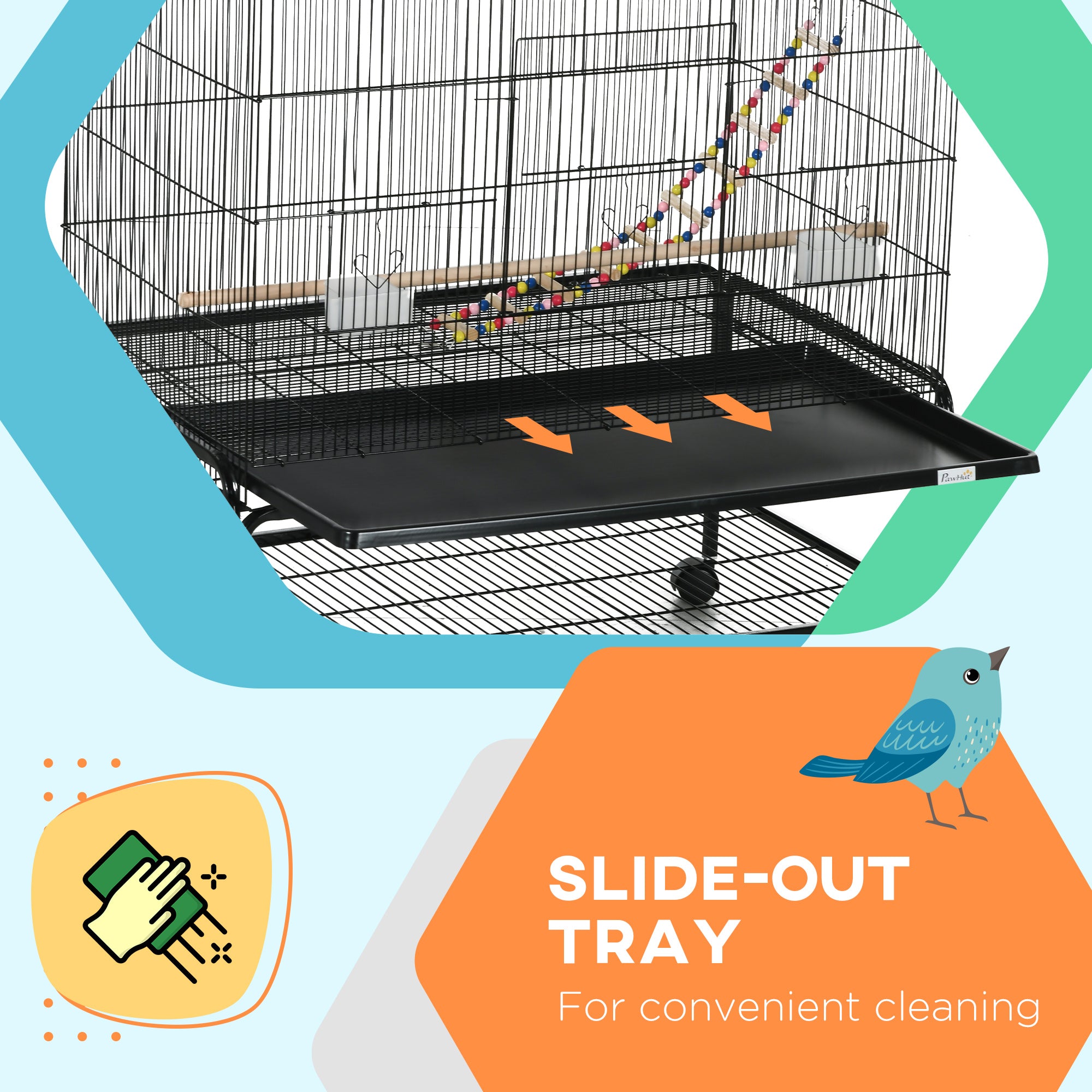 63" Bird Cage for Budgies Cockatiels Canaries Lovebirds Finches with Rolling Stand, Toys, Removable Tray, Storage Shelf, Black