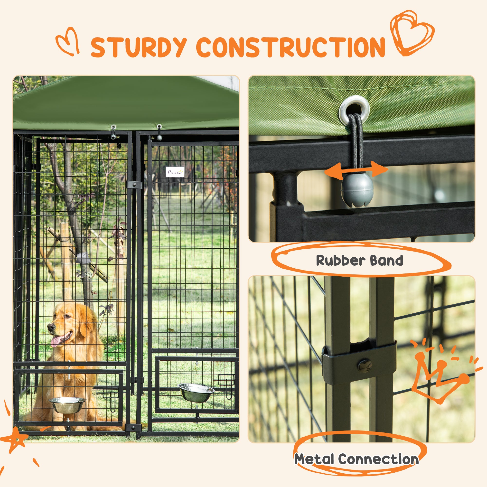 Outdoor Dog Kennel, Run, Large Wire Steel Fence, Lockable Pet Playpen Enclosure, with Water-, UV-Resistant Canopy Top, Door, Rotating Bowl Holders, 8ft x 4ft x 6ft, Green