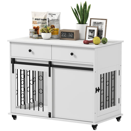 Dog Crate Furniture, 39" Dog Kennel Indoor with 2 Storage Drawers, Wheels, Sliding Door, Decorative End Side Table Pet House Cage for Medium and Large Breeds, White