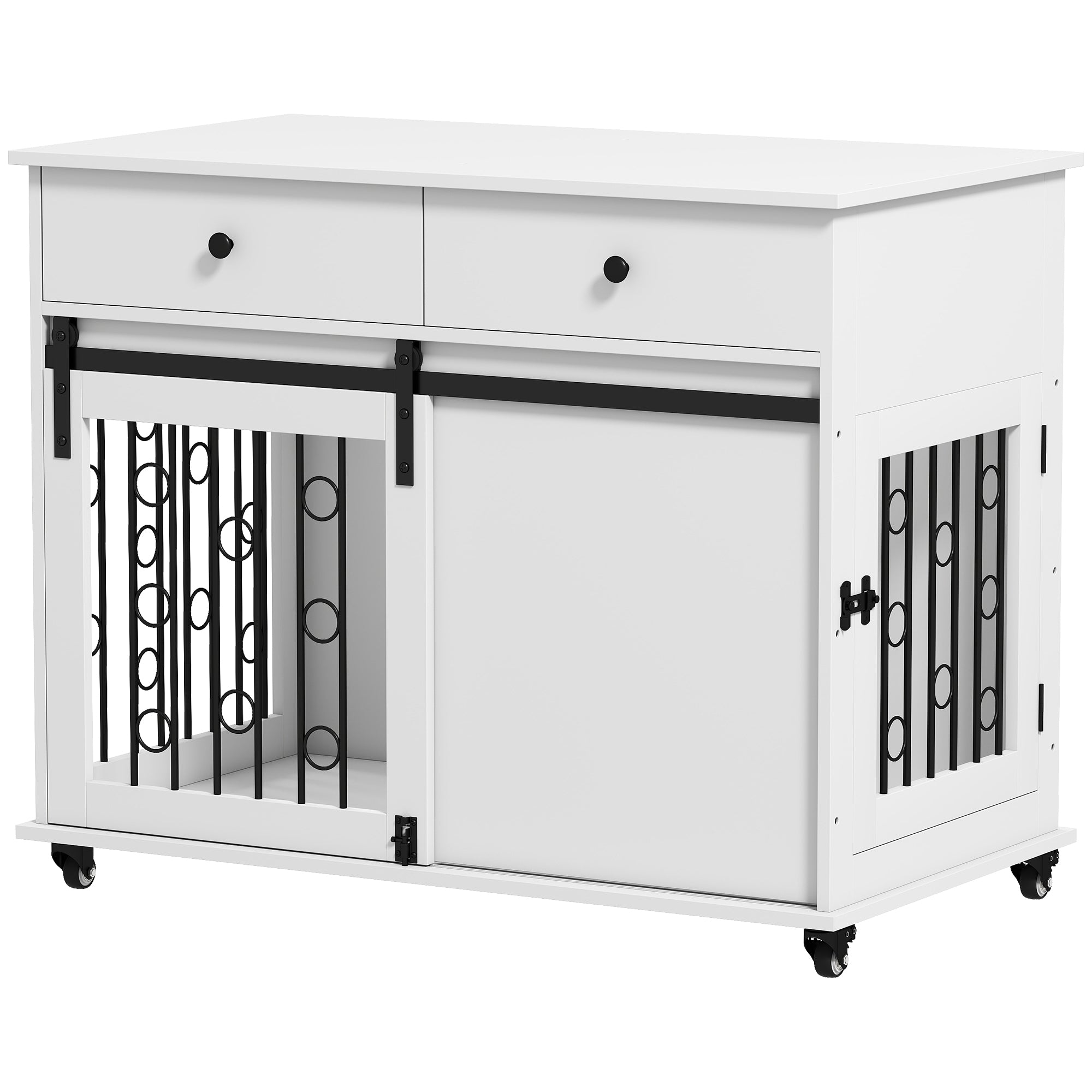 Dog Crate Furniture, 39" Dog Kennel Indoor with 2 Storage Drawers, Wheels, Sliding Door, Decorative End Side Table Pet House Cage for Medium and Large Breeds, White