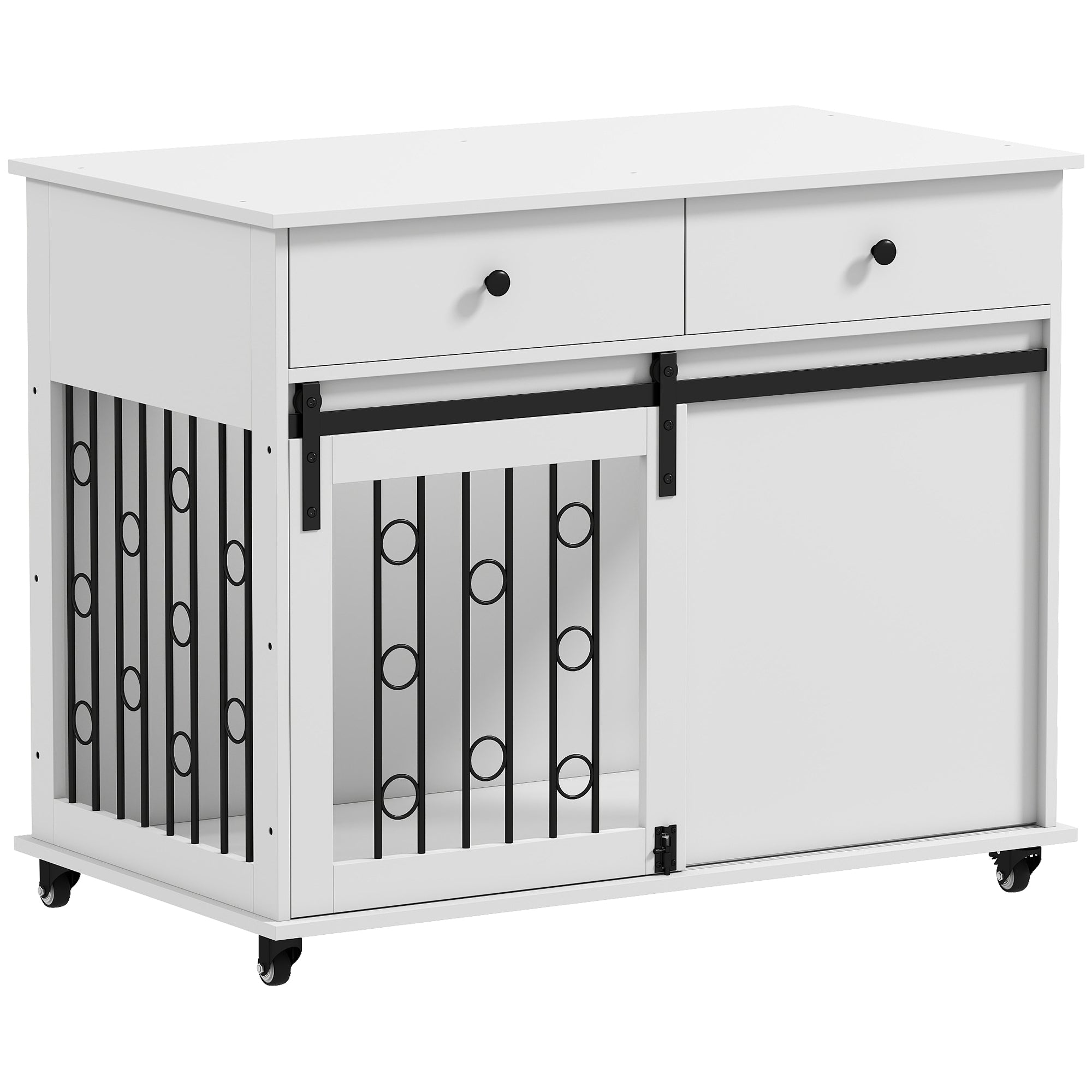 Dog Crate Furniture, 39" Dog Kennel Indoor with 2 Storage Drawers, Wheels, Sliding Door, Decorative End Side Table Pet House Cage for Medium and Large Breeds, White