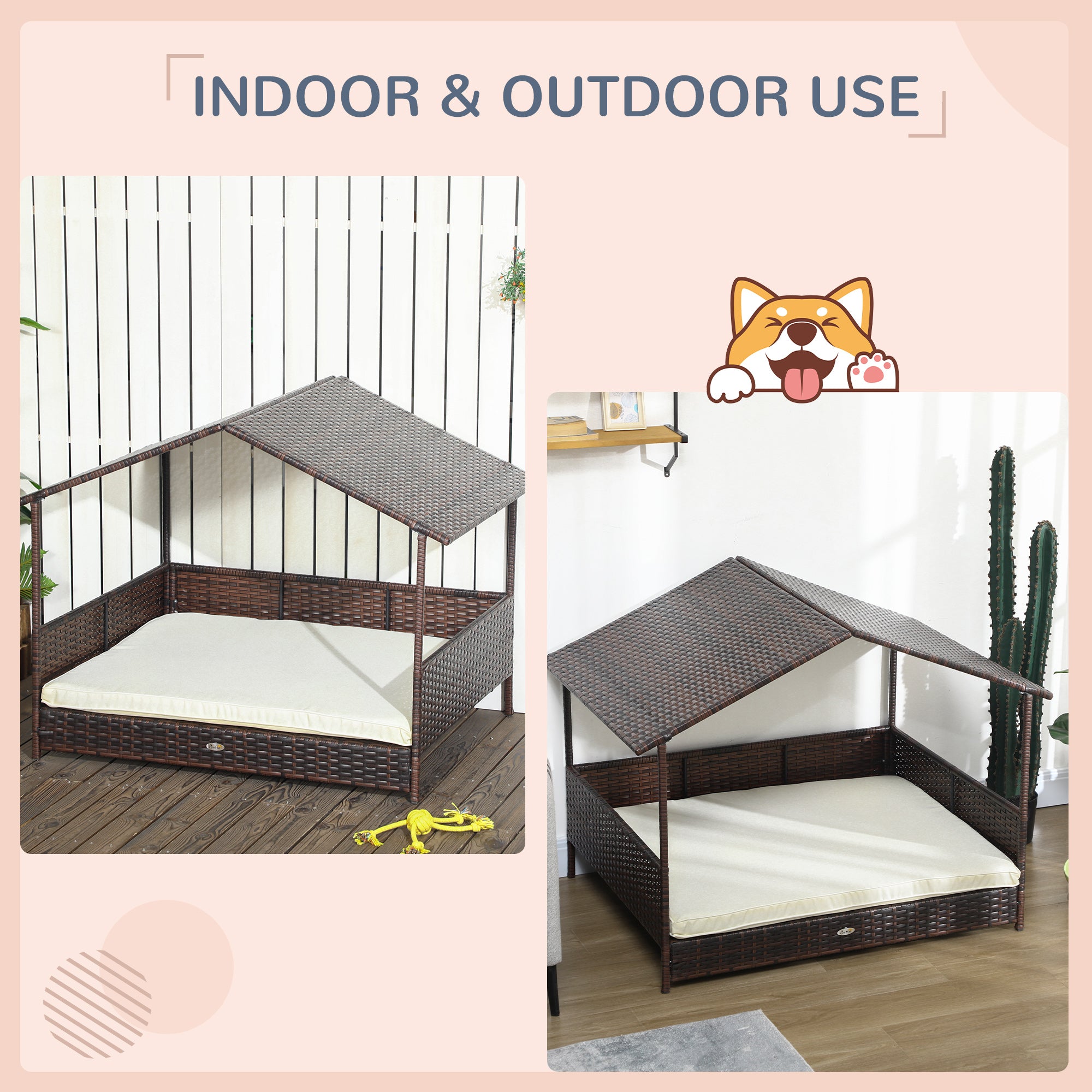 PawHut Outdoor Wicker Dog House with Canopy, Rattan Dog Bed with Soft Cushion Removable Cover for Medium and Large Dogs, Cream White