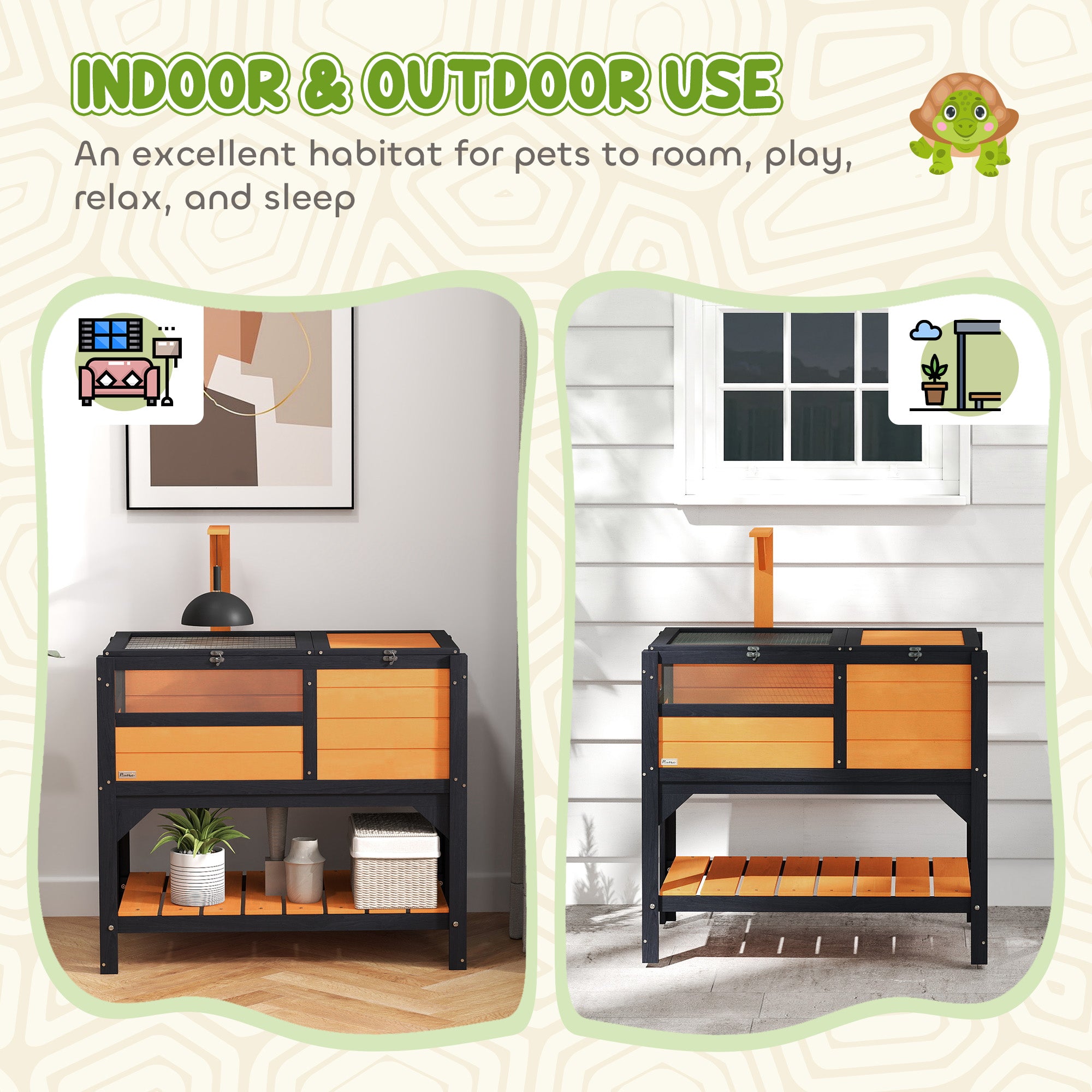 Tortoise House w/ Shelf, Small Pet Reptile Wooden House w/ Hide Shelter Den and Run, Lamp Holder, Tray, for Indoors, Outdoors - Yellow