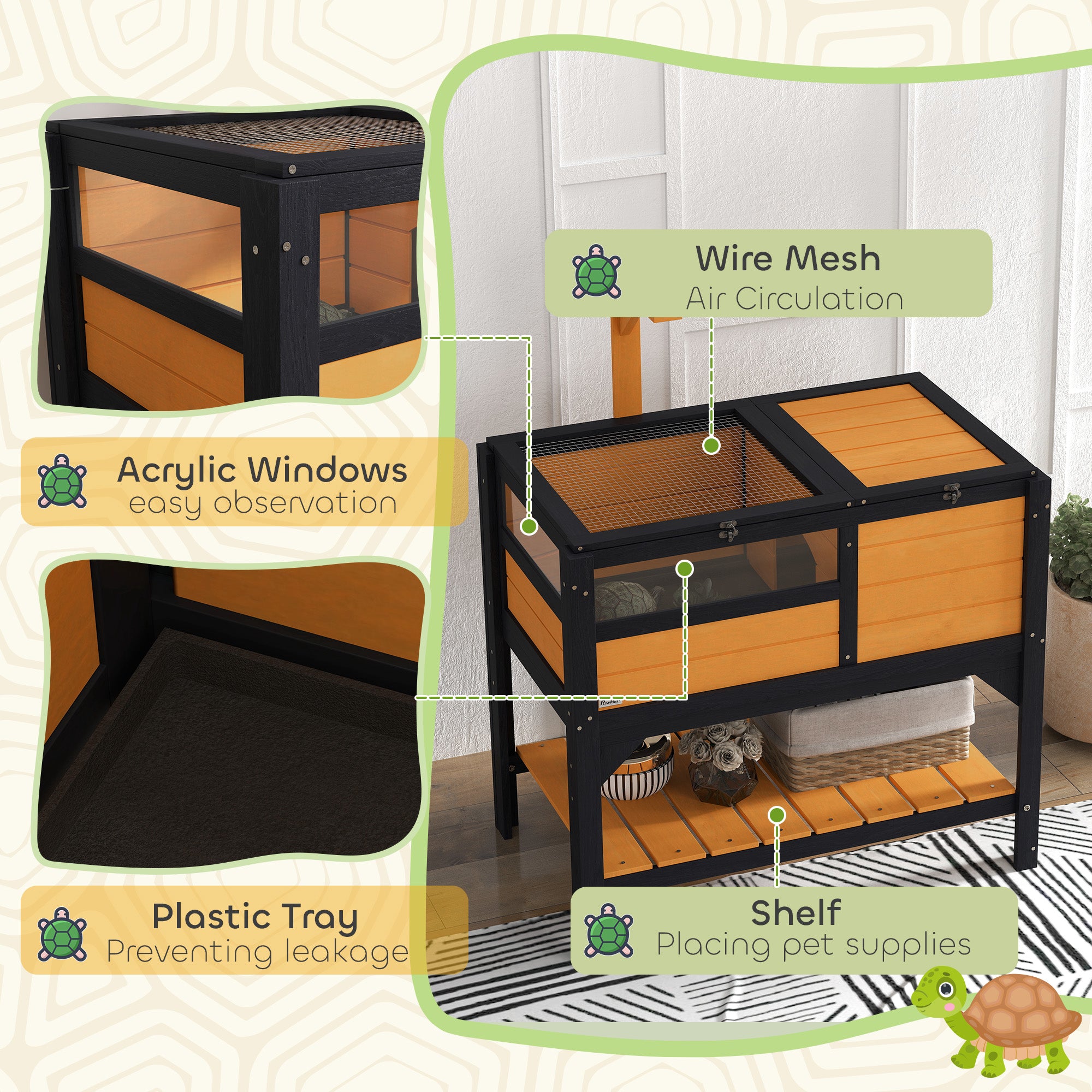 Tortoise House w/ Shelf, Small Pet Reptile Wooden House w/ Hide Shelter Den and Run, Lamp Holder, Tray, for Indoors, Outdoors - Yellow