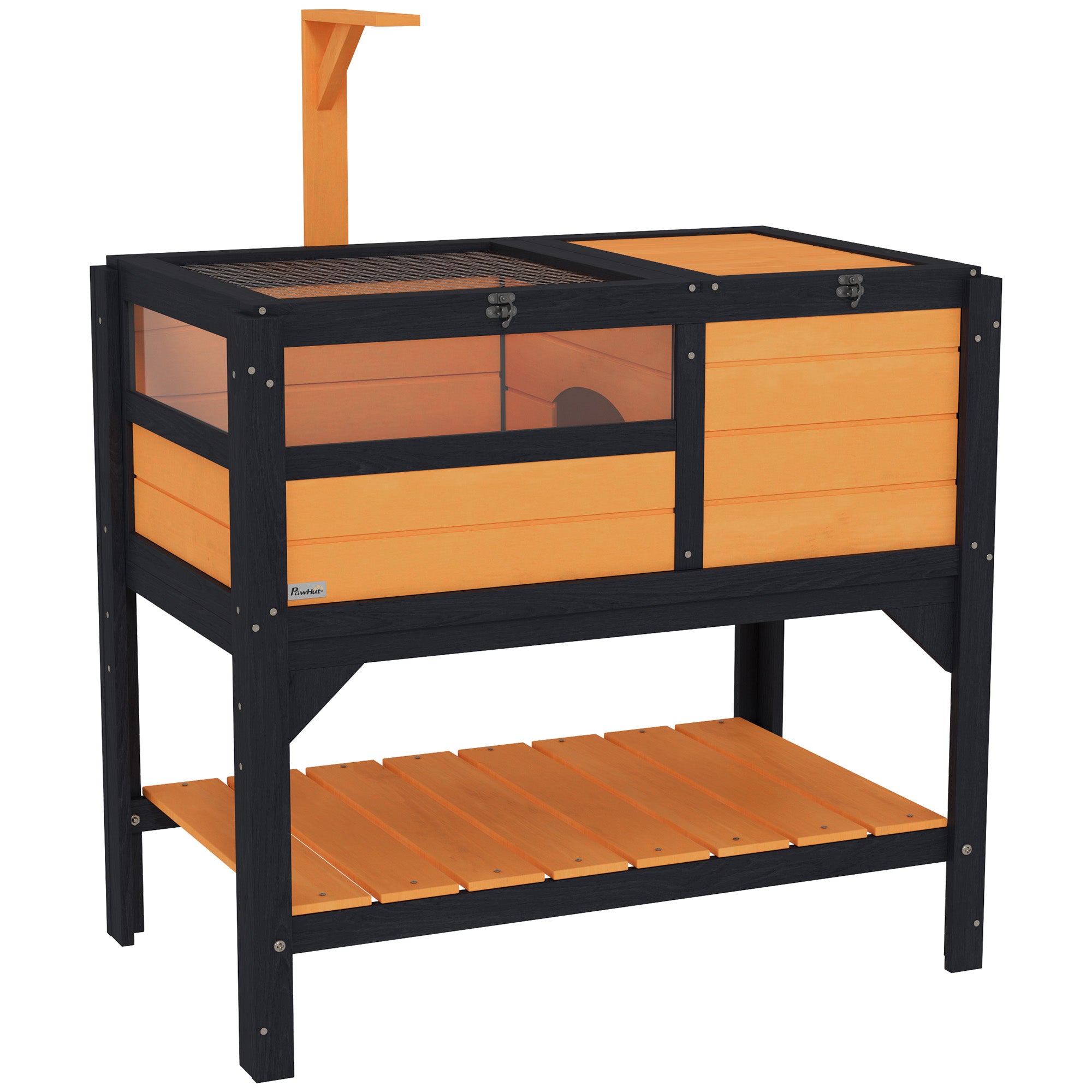 Tortoise House w/ Shelf, Small Pet Reptile Wooden House w/ Hide Shelter Den and Run, Lamp Holder, Tray, for Indoors, Outdoors - Yellow