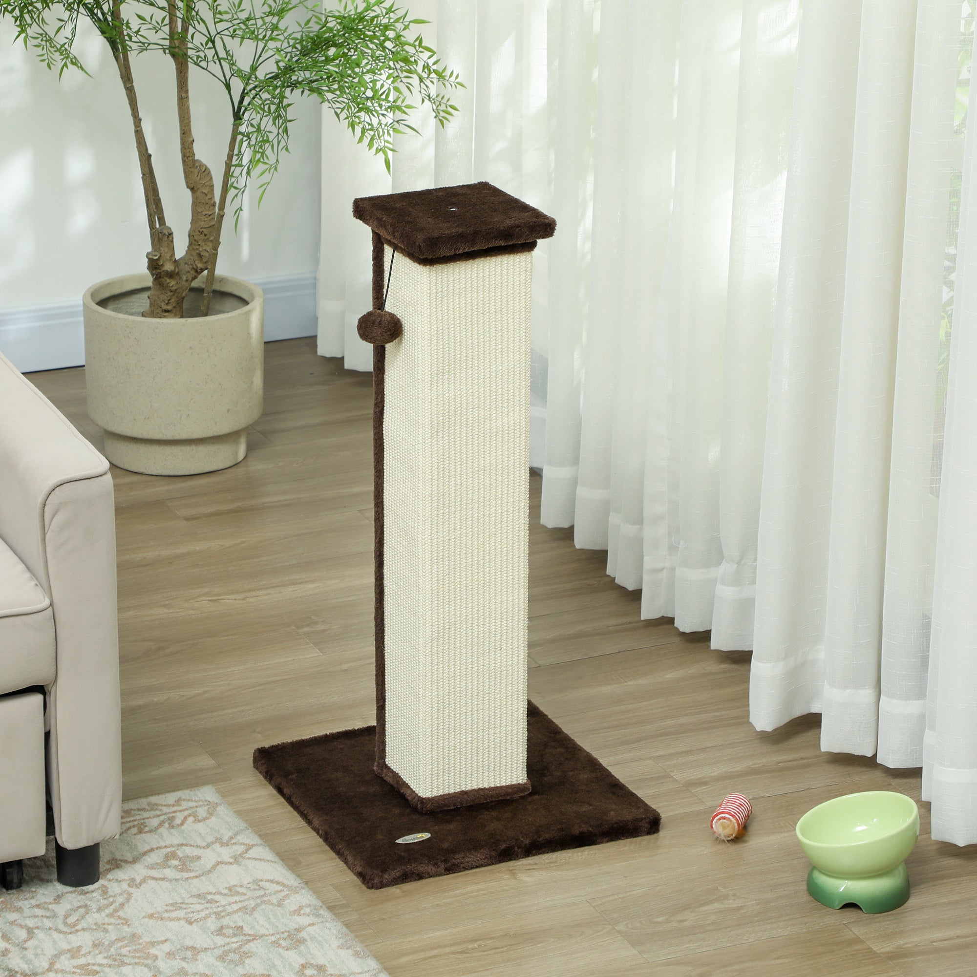 Cat Scratching Post for Indoor Cats, 81cm Cat Scratcher, Vertical Full Scratcher with Natural Sisal Rope, Hanging Ball and Soft Plush, Brown