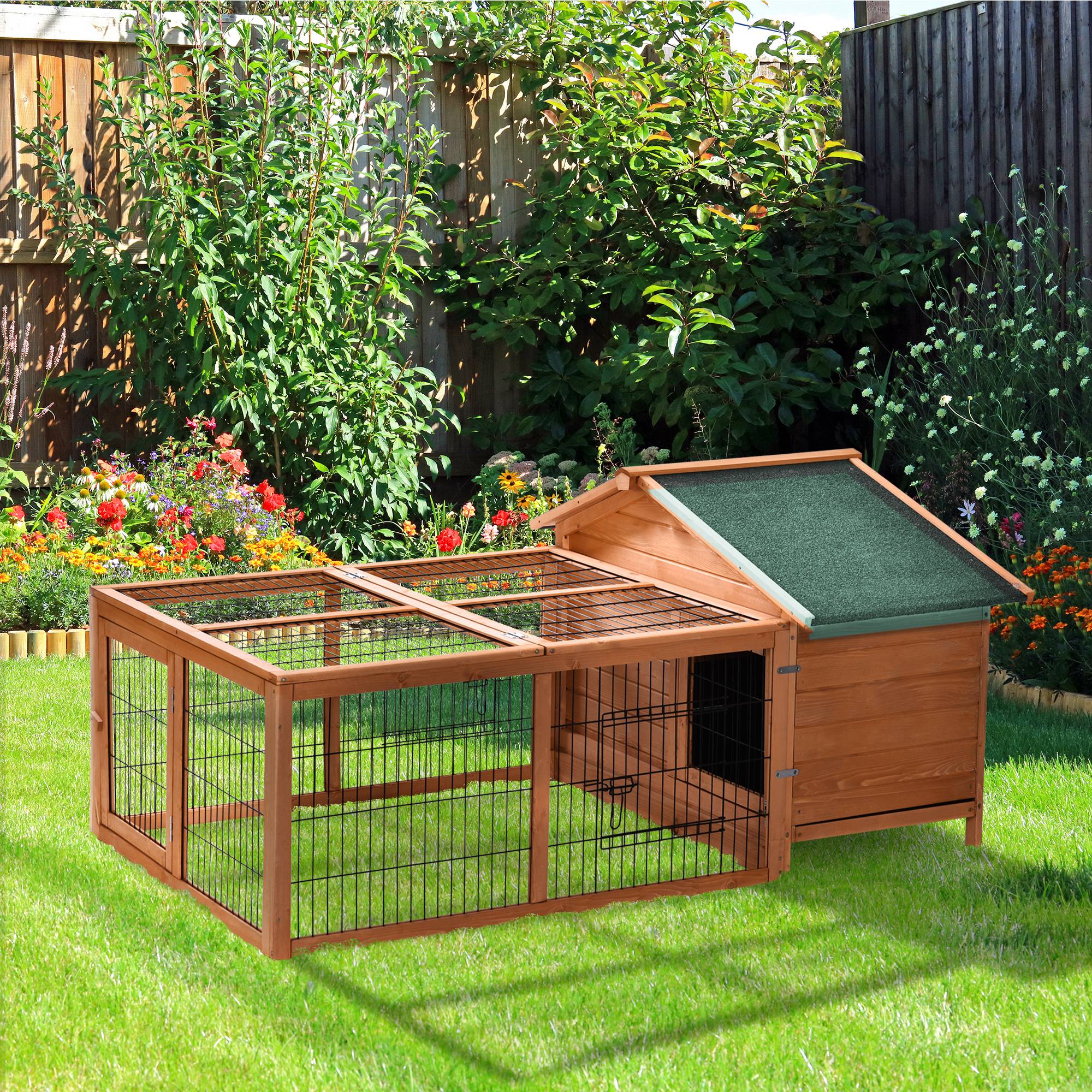 PawHut Detachable Wooden Rabbit Hutch with Openable Run & Roof, Slide ...