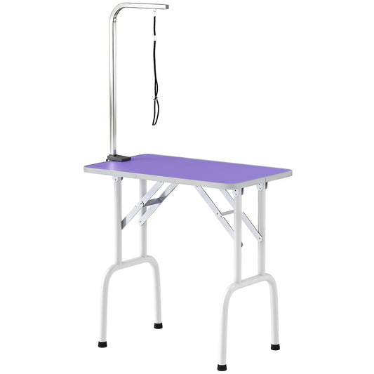 32in Foldable Dog Grooming Table for Small Medium Dogs, Pet Grooming Table for Cats Puppies with Adjustable Arm, Noose and Non-Slip Surface, Purple