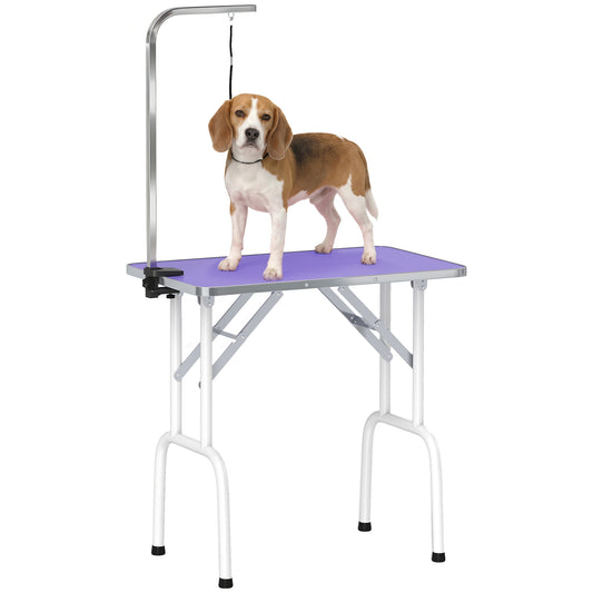 32in Foldable Dog Grooming Table for Small Medium Dogs, Pet Grooming Table for Cats Puppies with Adjustable Arm, Noose and Non-Slip Surface, Purple