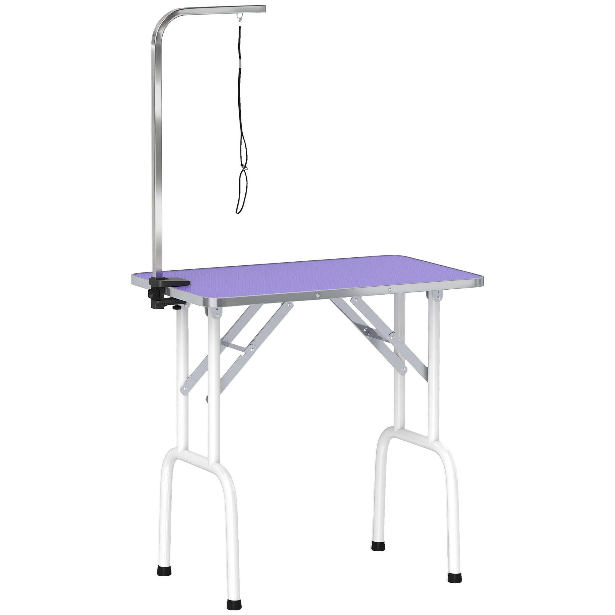 32in Foldable Dog Grooming Table for Small Medium Dogs, Pet Grooming Table for Cats Puppies with Adjustable Arm, Noose and Non-Slip Surface, Purple