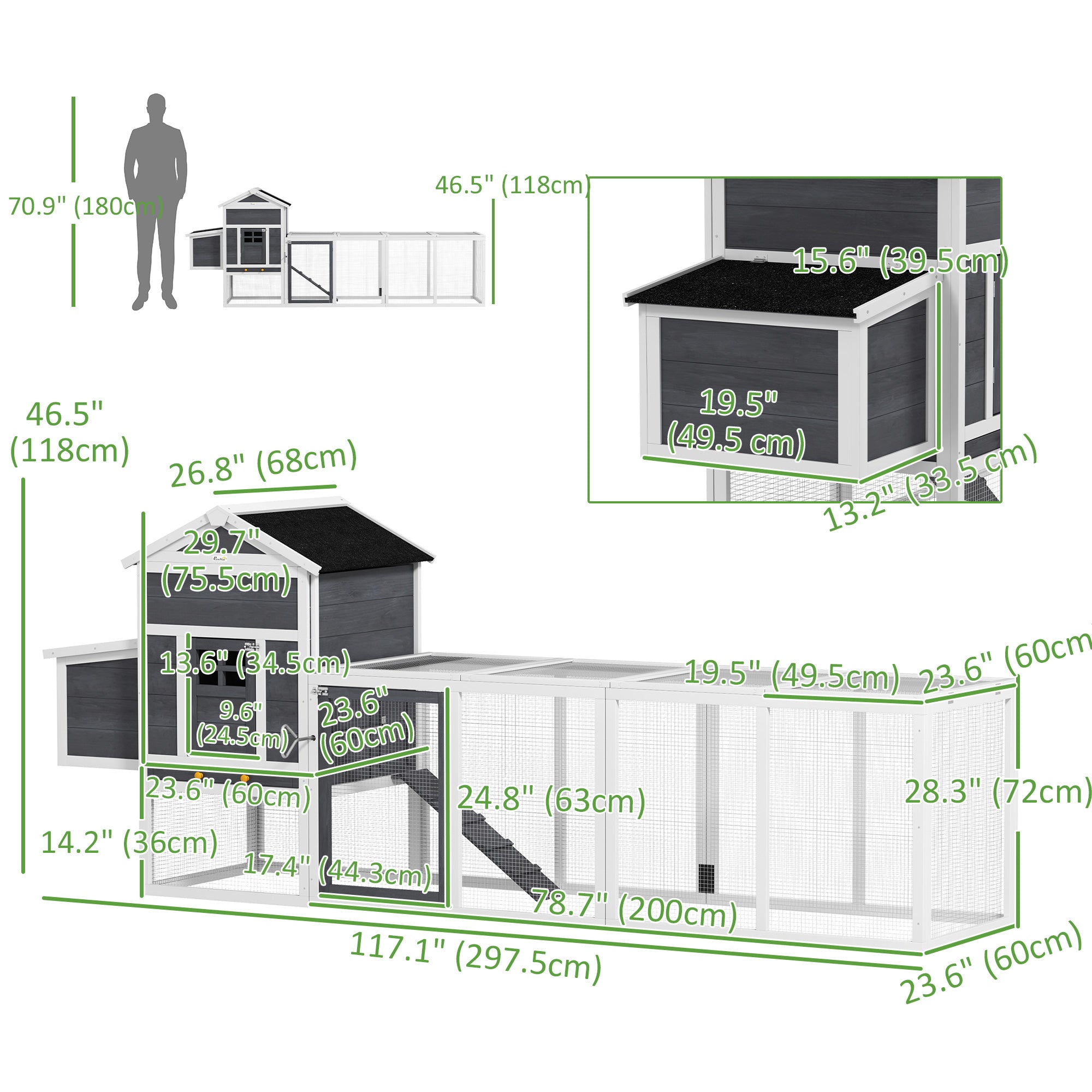 117" Chicken Coop, Wooden Rabbit Hutch with Chicken Run, Slide-out Tray, Asphalt Roof, Nesting Box - Grey and White