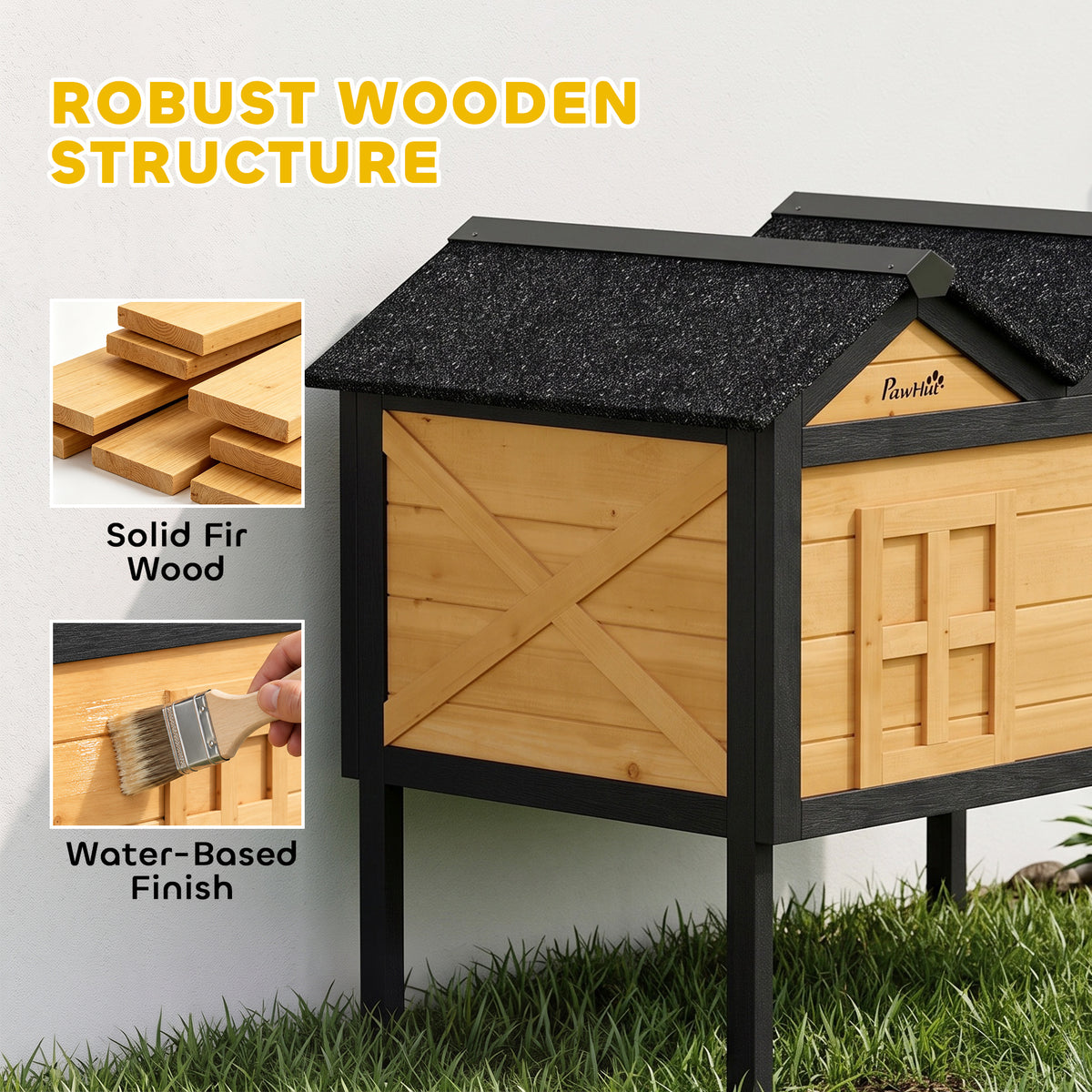 Outdoor Cat House Wooden with Removable Liner, Raised Cat Shelter Outdoor Indoor, Weatherproof Asphalt Roof, Wide Side Cleaning Door, PVC Curtain, 1 Cat up to 10 kg