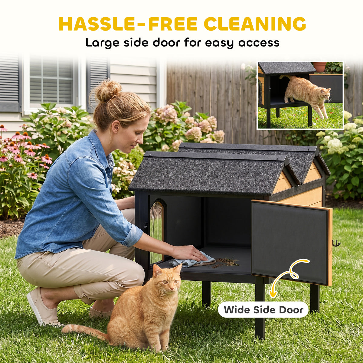 Outdoor Cat House Wooden with Removable Liner, Raised Cat Shelter Outdoor Indoor, Weatherproof Asphalt Roof, Wide Side Cleaning Door, PVC Curtain, 1 Cat up to 10 kg