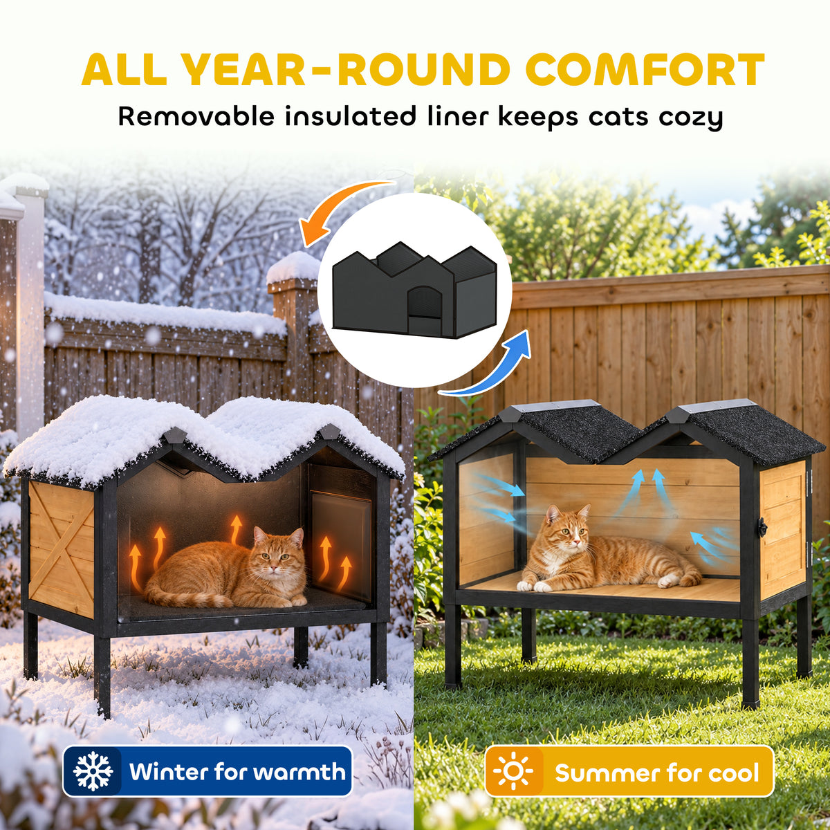 Outdoor Cat House Wooden with Removable Liner, Raised Cat Shelter Outdoor Indoor, Weatherproof Asphalt Roof, Wide Side Cleaning Door, PVC Curtain, 1 Cat up to 10 kg