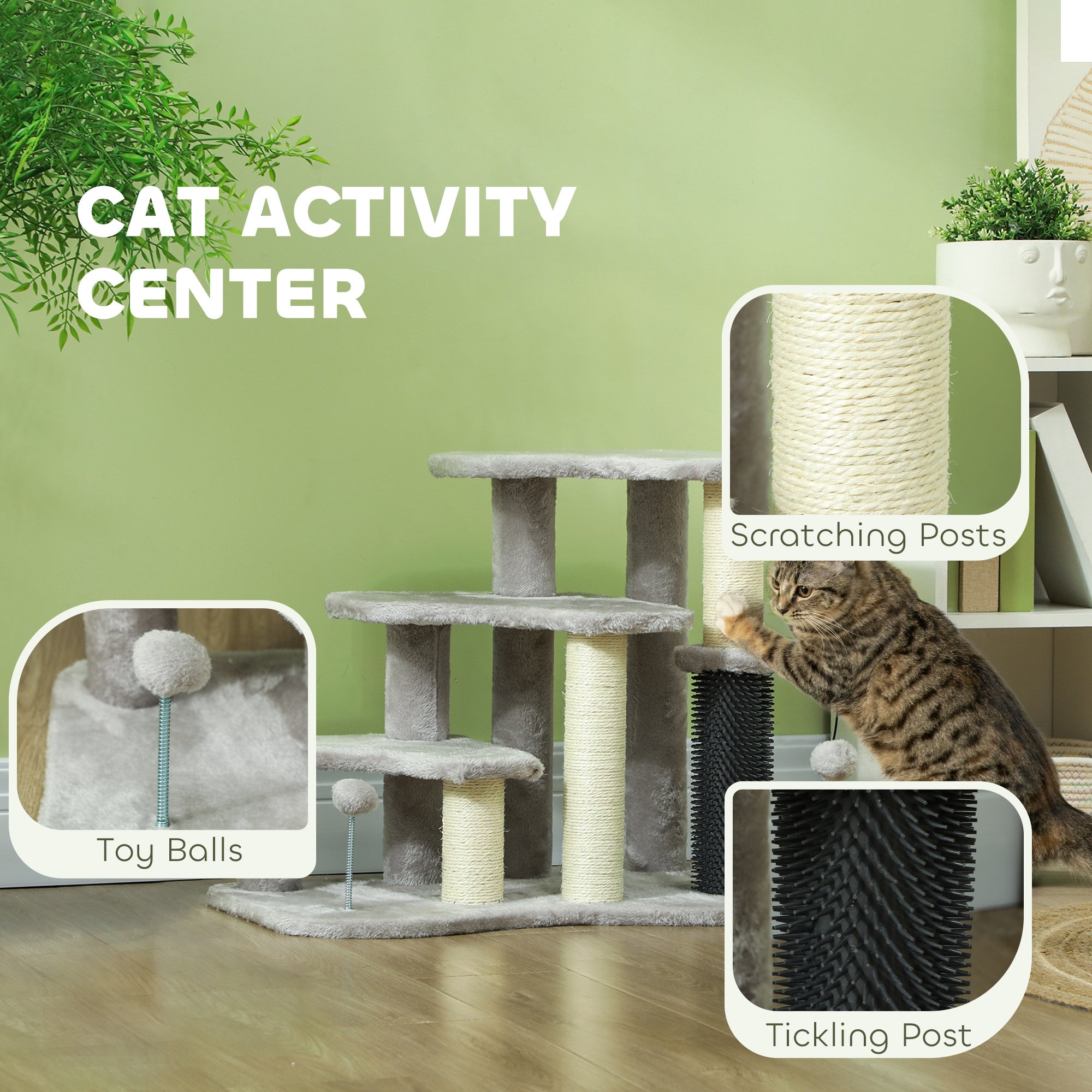 20" Pet Stairs for Cats, 2 in 1 Cat Tree Tower 3-Step Cat Steps with Scratching Posts, Tickling Post, Toy Balls, for High Beds, Couch, Sofa, Light Gray