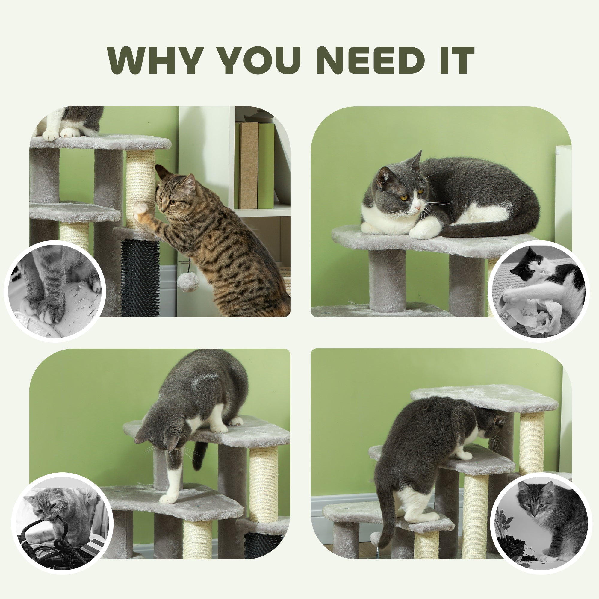 20" Pet Stairs for Cats, 2 in 1 Cat Tree Tower 3-Step Cat Steps with Scratching Posts, Tickling Post, Toy Balls, for High Beds, Couch, Sofa, Light Gray
