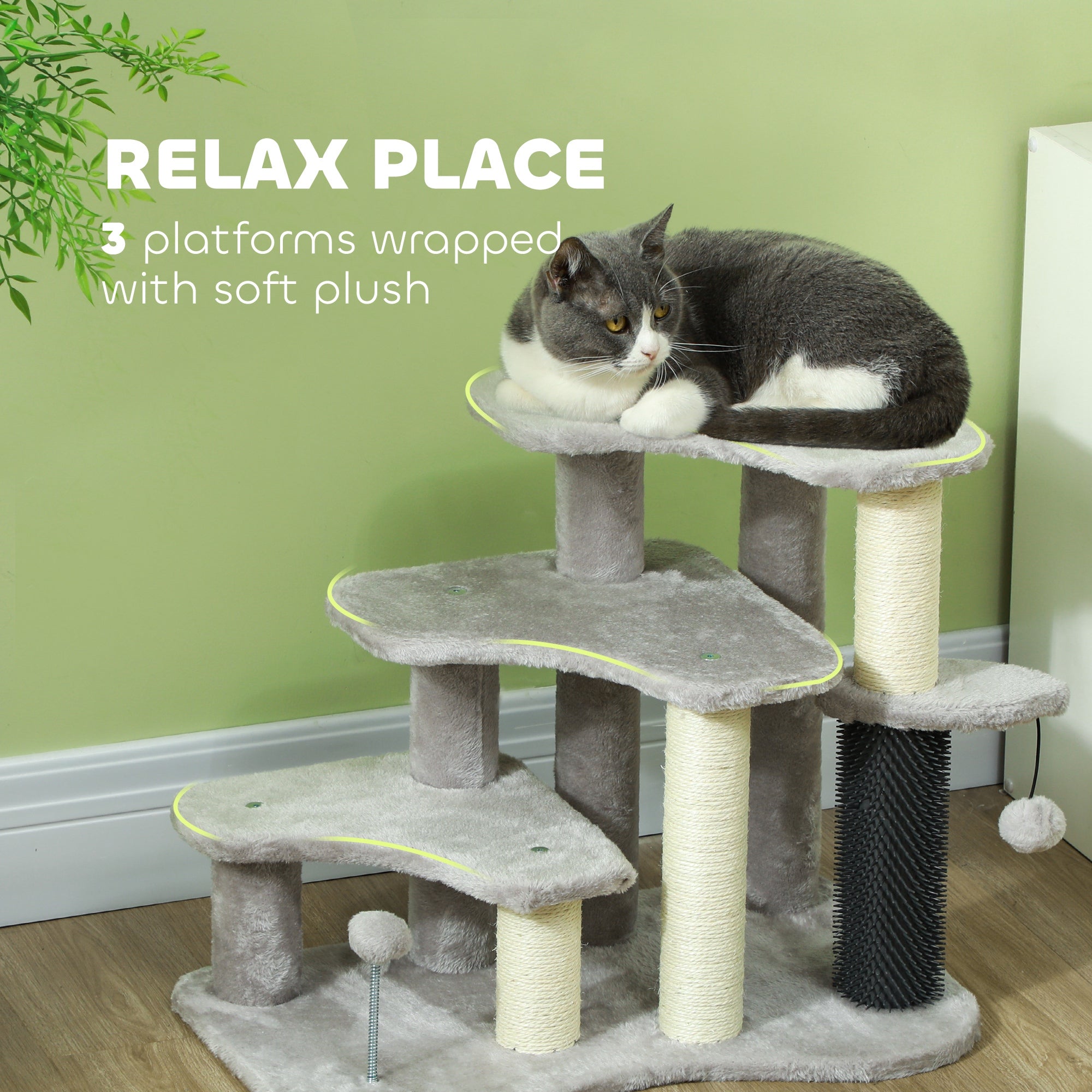 20" Pet Stairs for Cats, 2 in 1 Cat Tree Tower 3-Step Cat Steps with Scratching Posts, Tickling Post, Toy Balls, for High Beds, Couch, Sofa, Light Gray