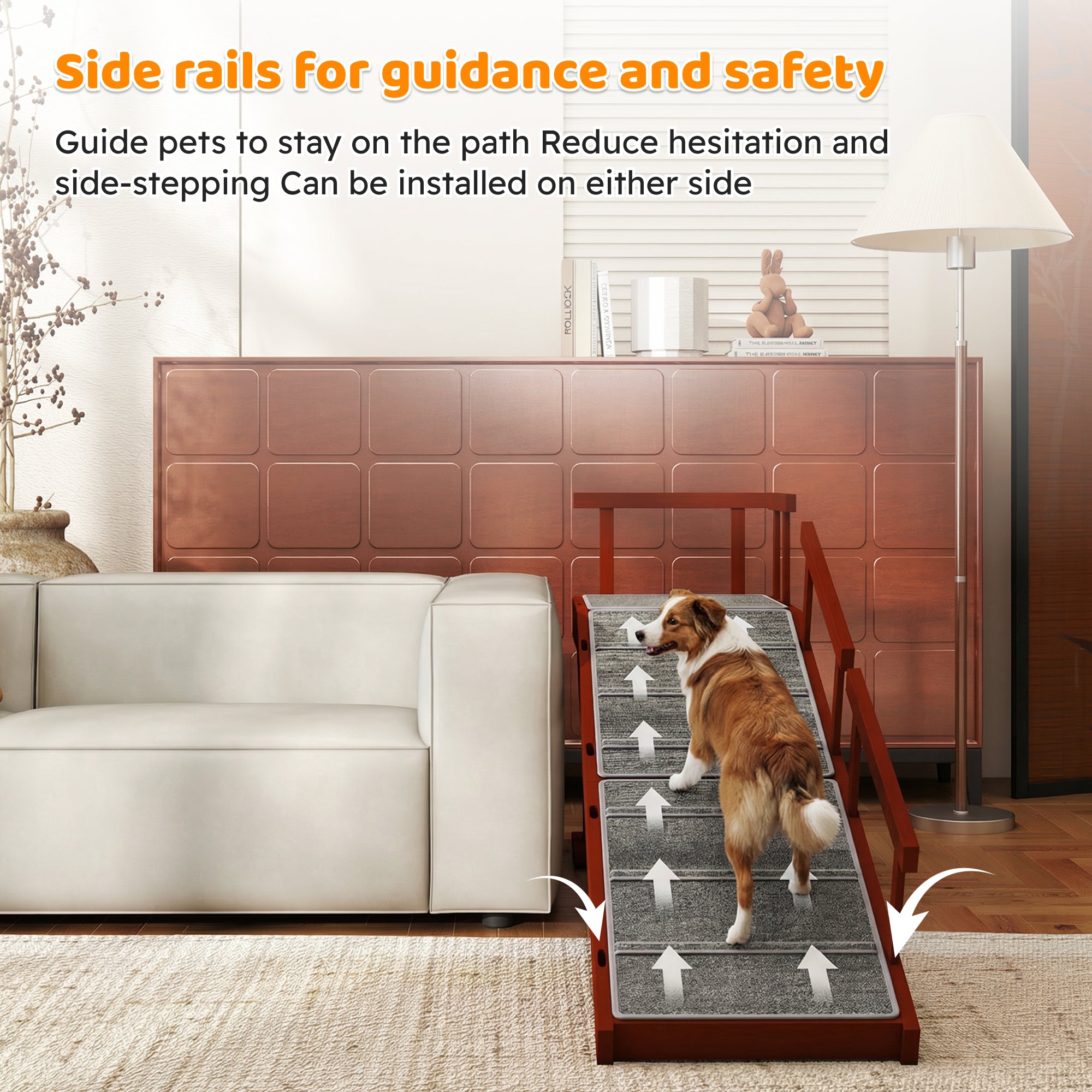 Wooden Dog Ramp, 60" Long Pet Ramp with Non-slip Rug & Removable Guardrails, Brown