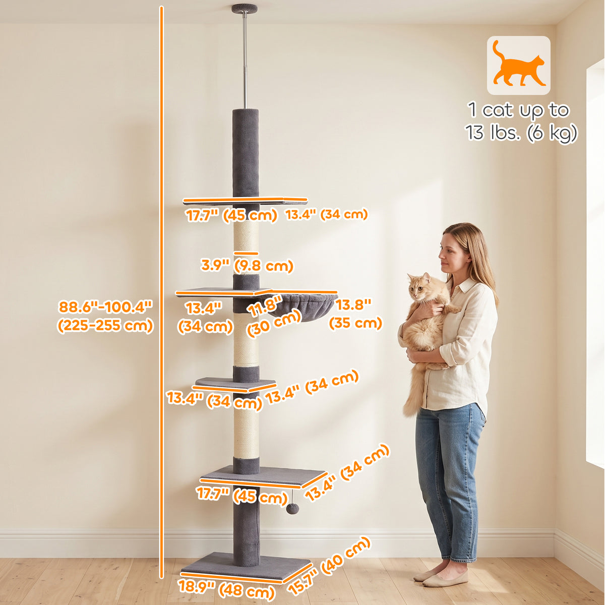 Floor-to-Ceiling Cat Tree, 88.6"-100.4" Adjustable 5-Level Cat Tower with Hammock, 3 Sisal Scratching Posts, Toy Ball, Anti-Tip Rope, Dark Grey