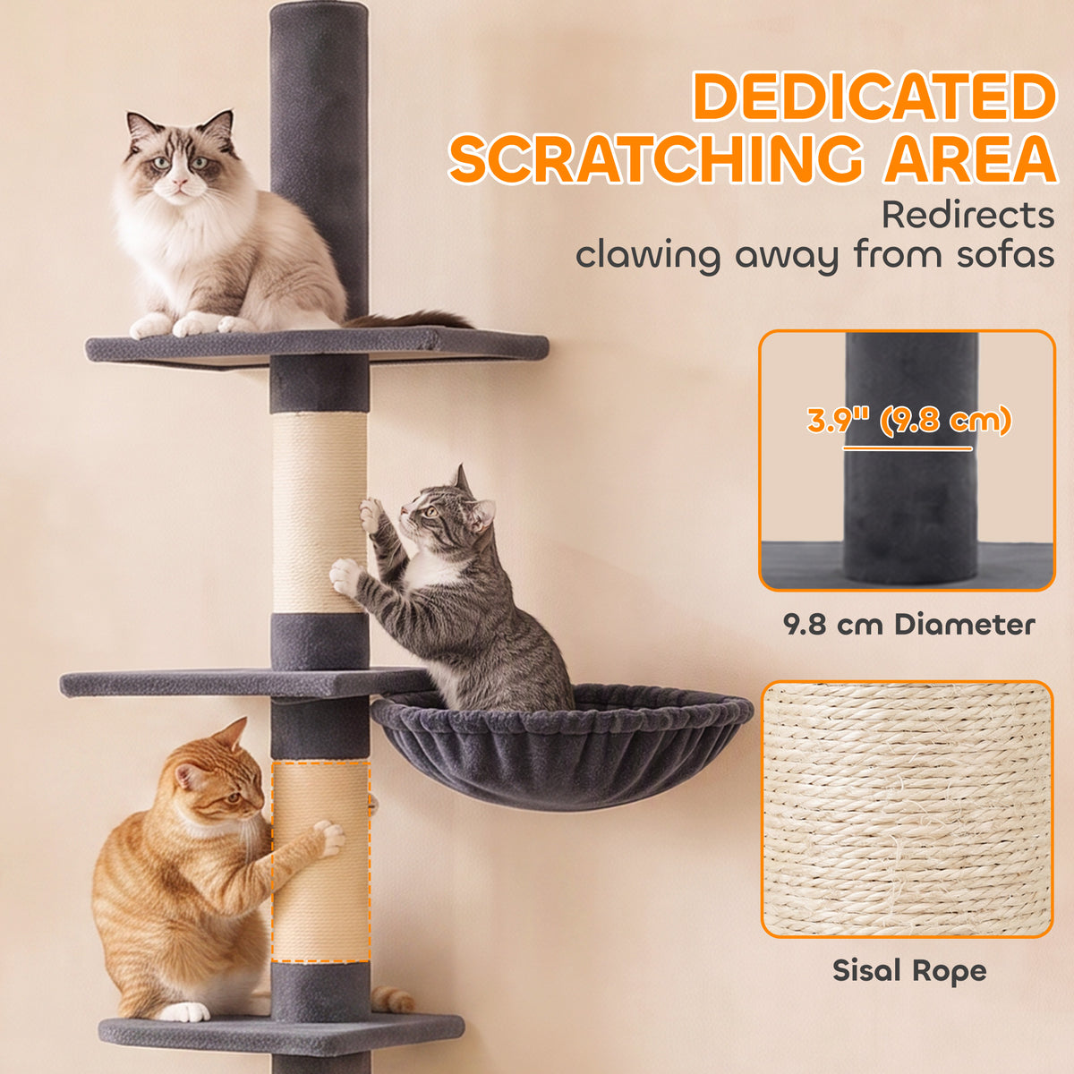 Floor-to-Ceiling Cat Tree, 88.6"-100.4" Adjustable 5-Level Cat Tower with Hammock, 3 Sisal Scratching Posts, Toy Ball, Anti-Tip Rope, Dark Grey