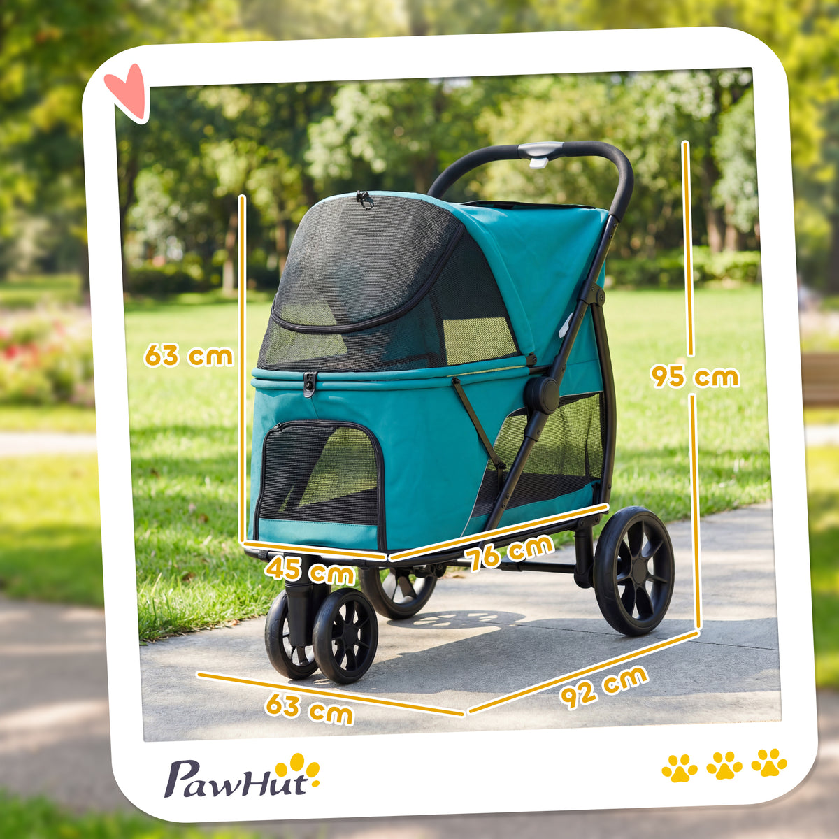 Dog Stroller, 3 Wheels Pet Stroller with Dual Entry, Easy One-Click Quick Fold, Mesh Windows, Washable Cushion, Pet Travel Buggy for Small and Medium Dogs and Cats, Dark Green
