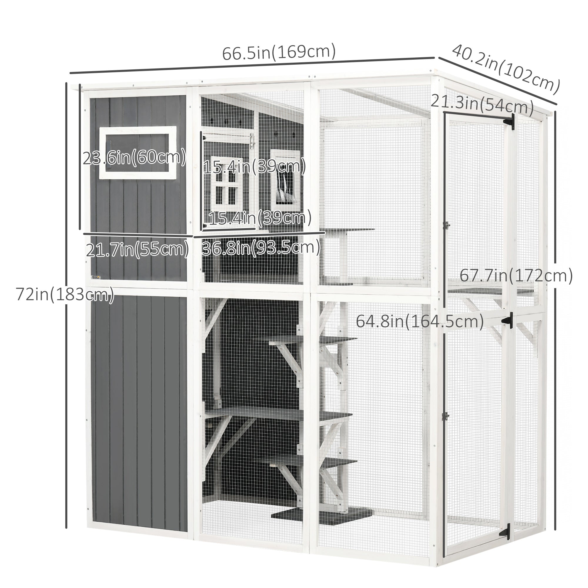Wooden Cat Catio, 66.5"L Walk in Outdoor Cat House with PVC Weather Protection Roof, Multiple Platforms, Lockable Doors, Resting Condo, Observation Window, for 2 Cats