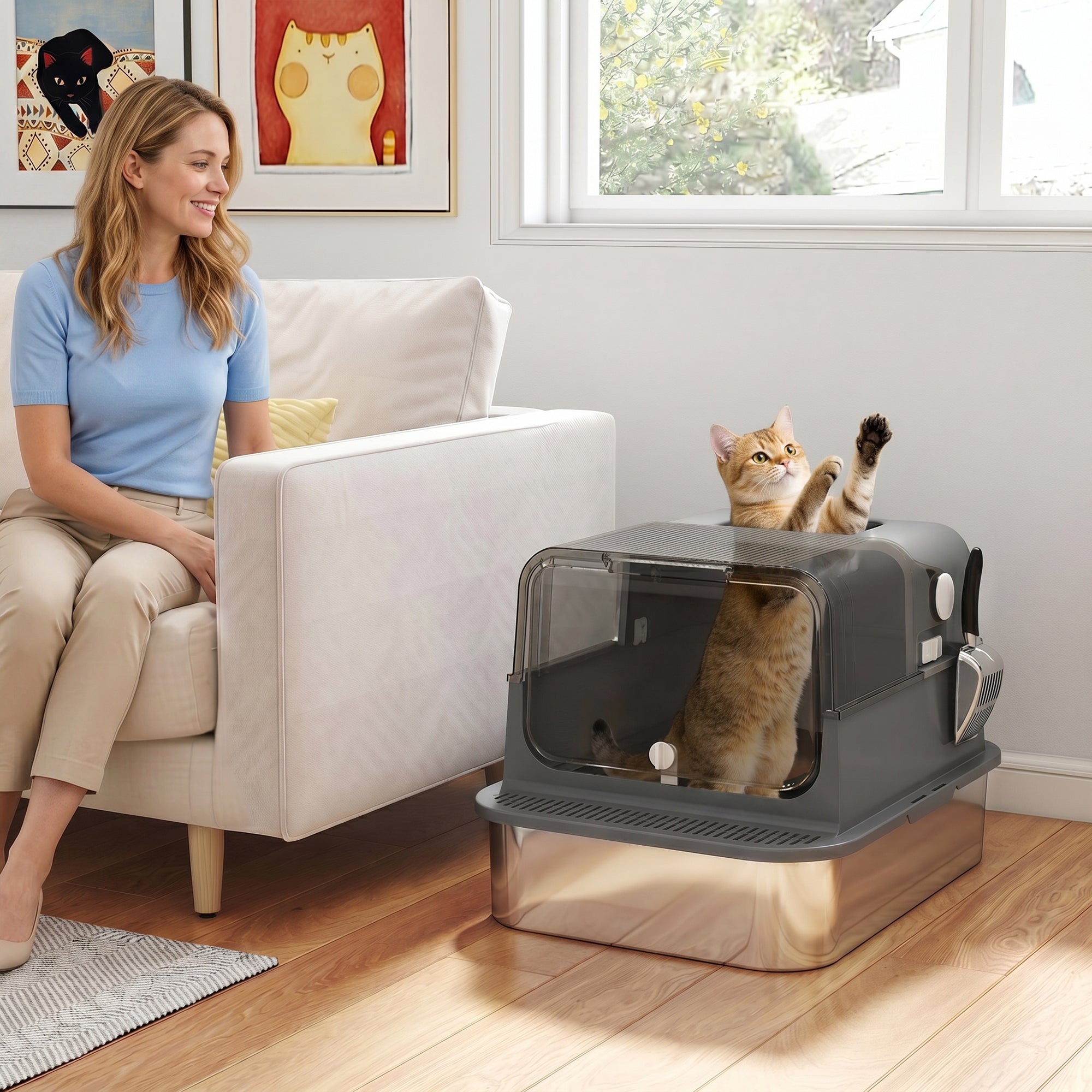 Stainless Steel Cat Litter Box with Lid, XXL Enclosed Cat Litter Box for Big Cats with High Sides, Double Doors, Scoop, Odor Control, Anti-Leaking, Easy Clean, Black