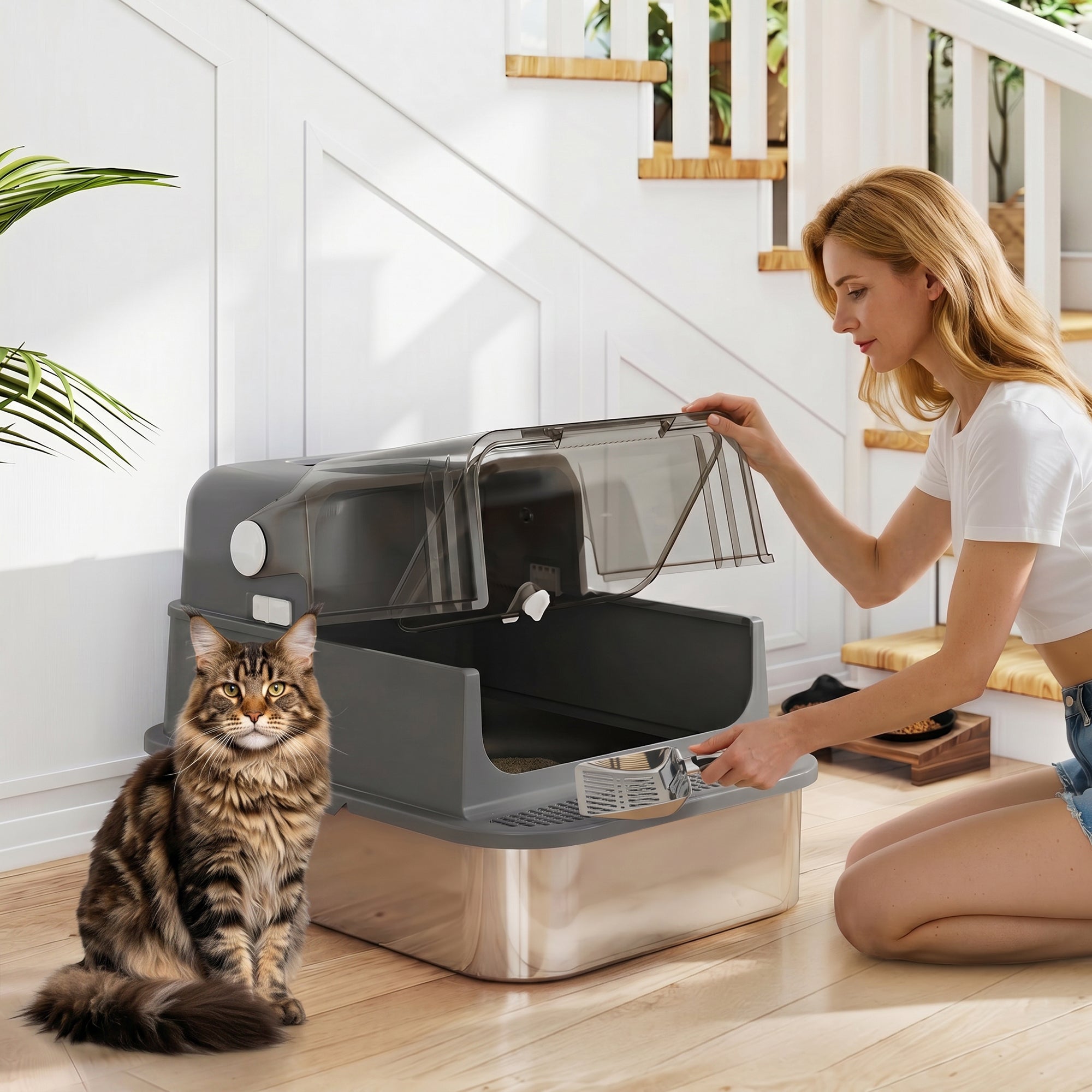 Stainless Steel Cat Litter Box with Lid, XXL Enclosed Cat Litter Box for Big Cats with High Sides, Double Doors, Scoop, Odor Control, Anti-Leaking, Easy Clean, Black