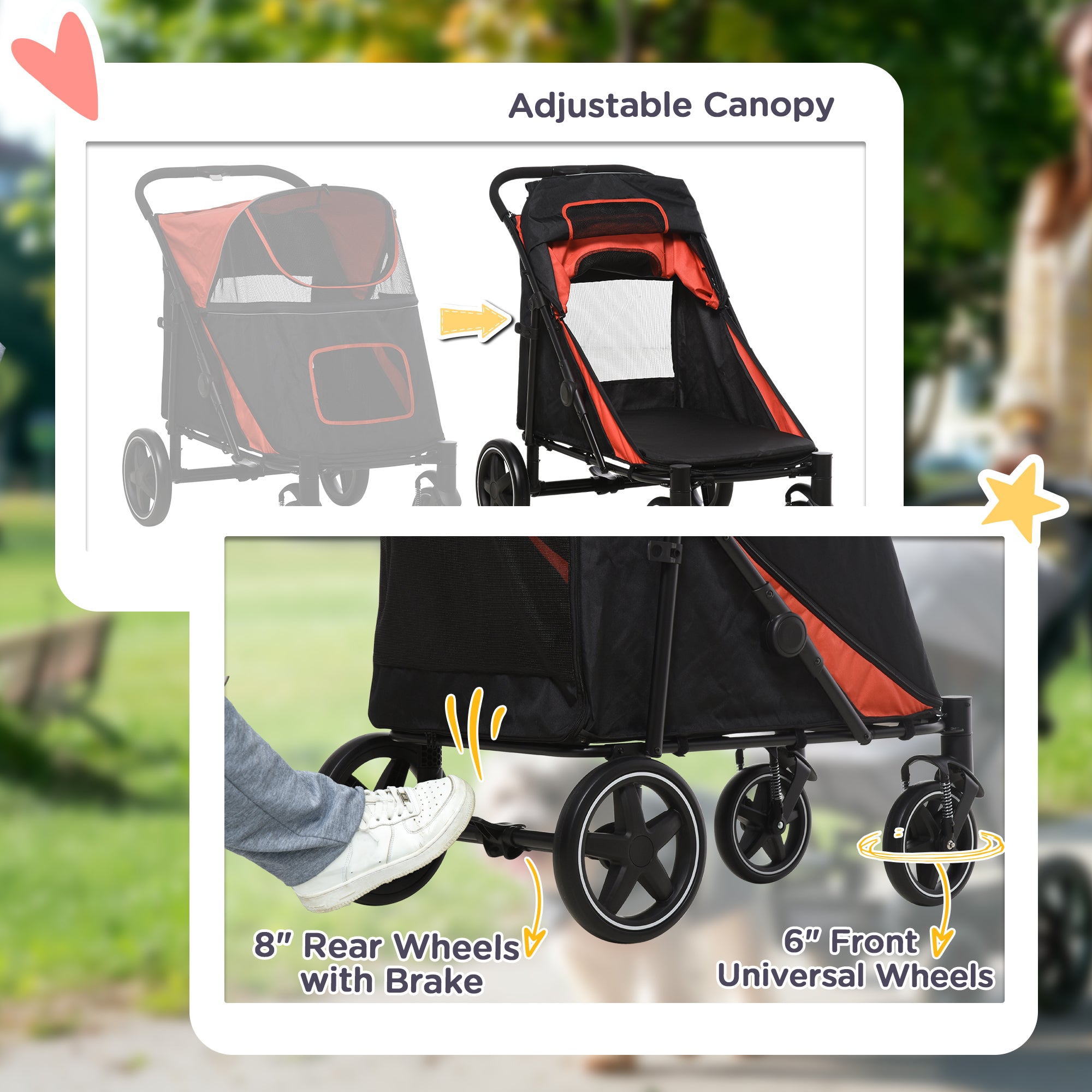 Pet Stroller with Universal Front Wheels, Shock Absorber, One-Click Foldable Dog Cat Carriage with Brakes, Storage Bags, Safety Leash for Large & Medium Dogs, Red