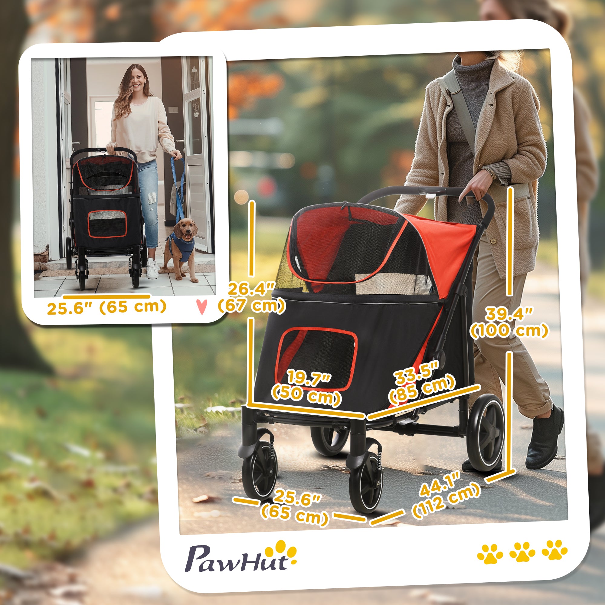 Pet Stroller with Universal Front Wheels, Shock Absorber, One-Click Foldable Dog Cat Carriage with Brakes, Storage Bags, Safety Leash for Large & Medium Dogs, Red