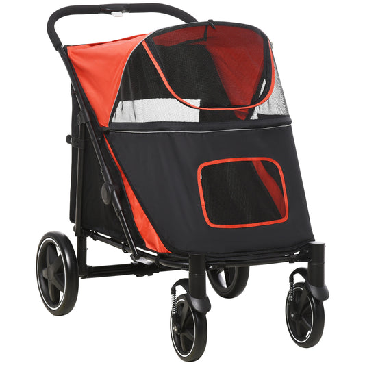 Pet Stroller with Universal Front Wheels, Shock Absorber, One-Click Foldable Dog Cat Carriage with Brakes, Storage Bags, Safety Leash for Large & Medium Dogs, Red