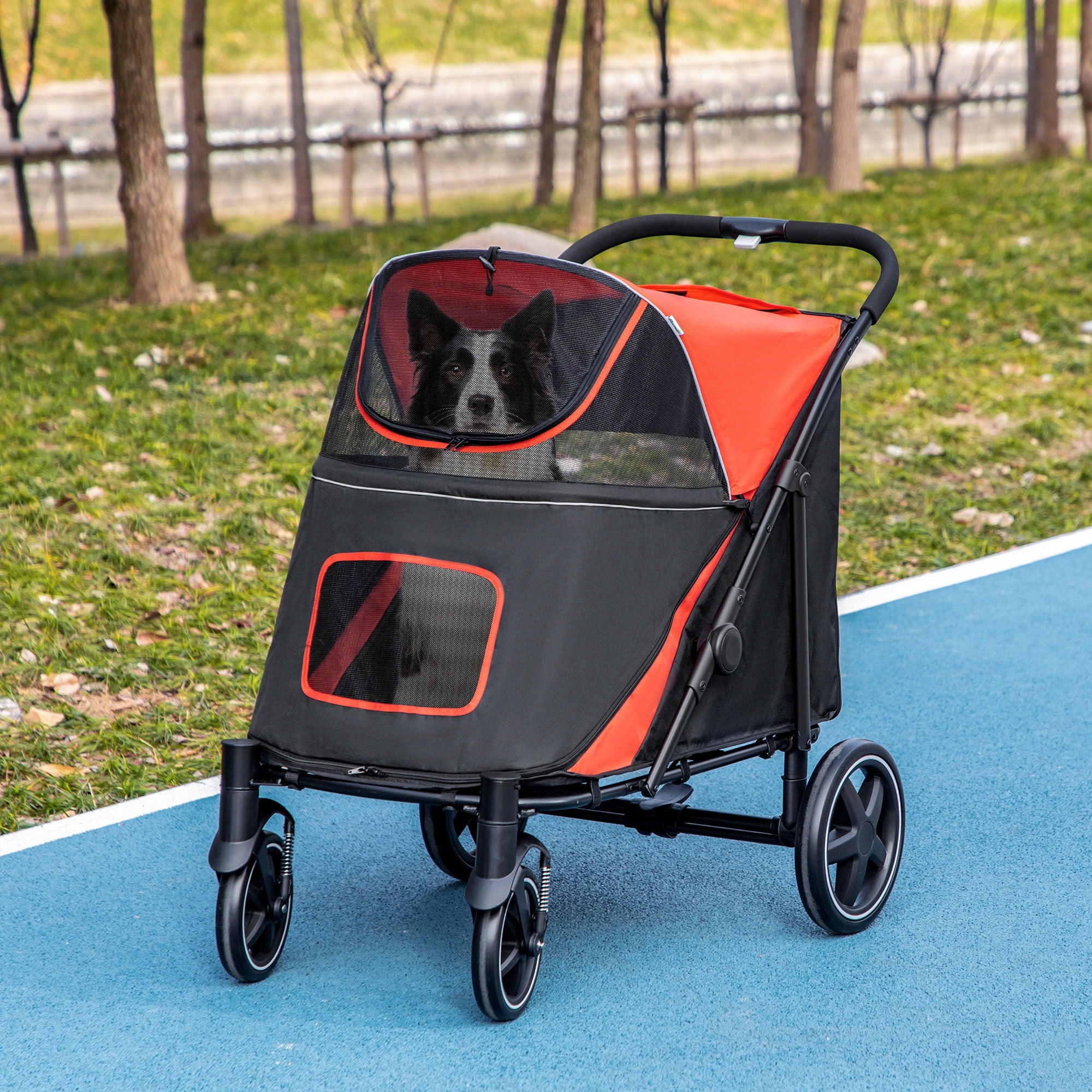 Pet Stroller with Universal Front Wheels, Shock Absorber, One-Click Foldable Dog Cat Carriage with Brakes, Storage Bags, Safety Leash for Large & Medium Dogs, Red