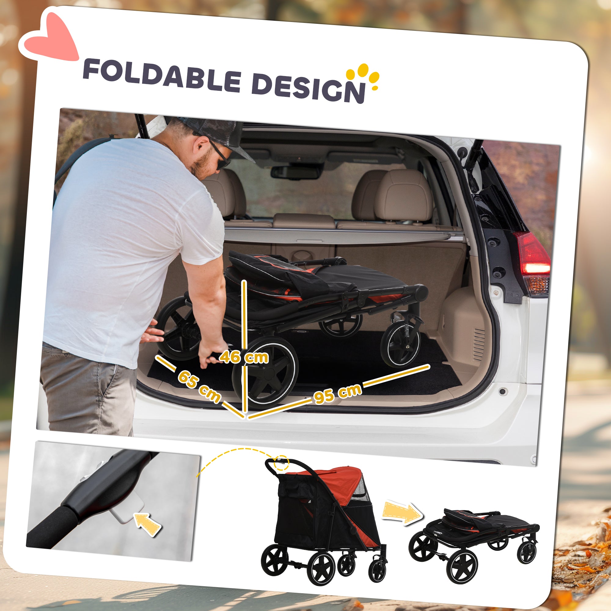 Pet Stroller with Universal Front Wheels, Shock Absorber, One-Click Foldable Dog Cat Carriage with Brakes, Storage Bags, Safety Leash for Large & Medium Dogs, Red