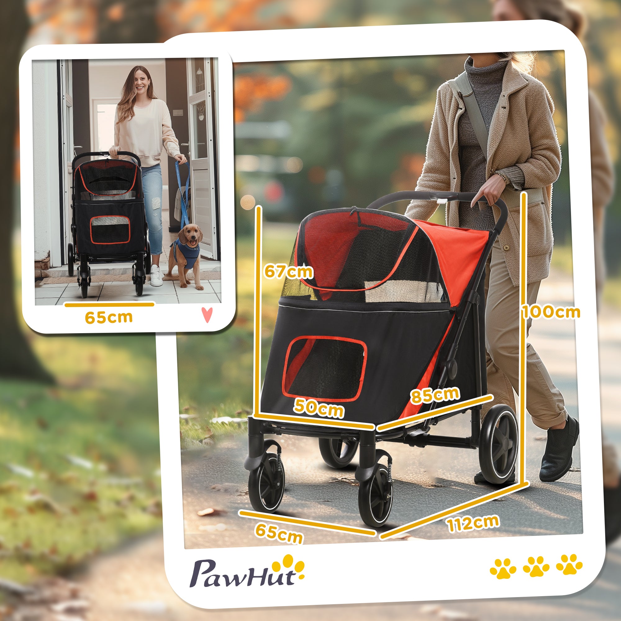 Dog Stroller Pet Pram Dog Pushchair Buggy with Adjustable Canopy for Medium and Large Breeds, Red
